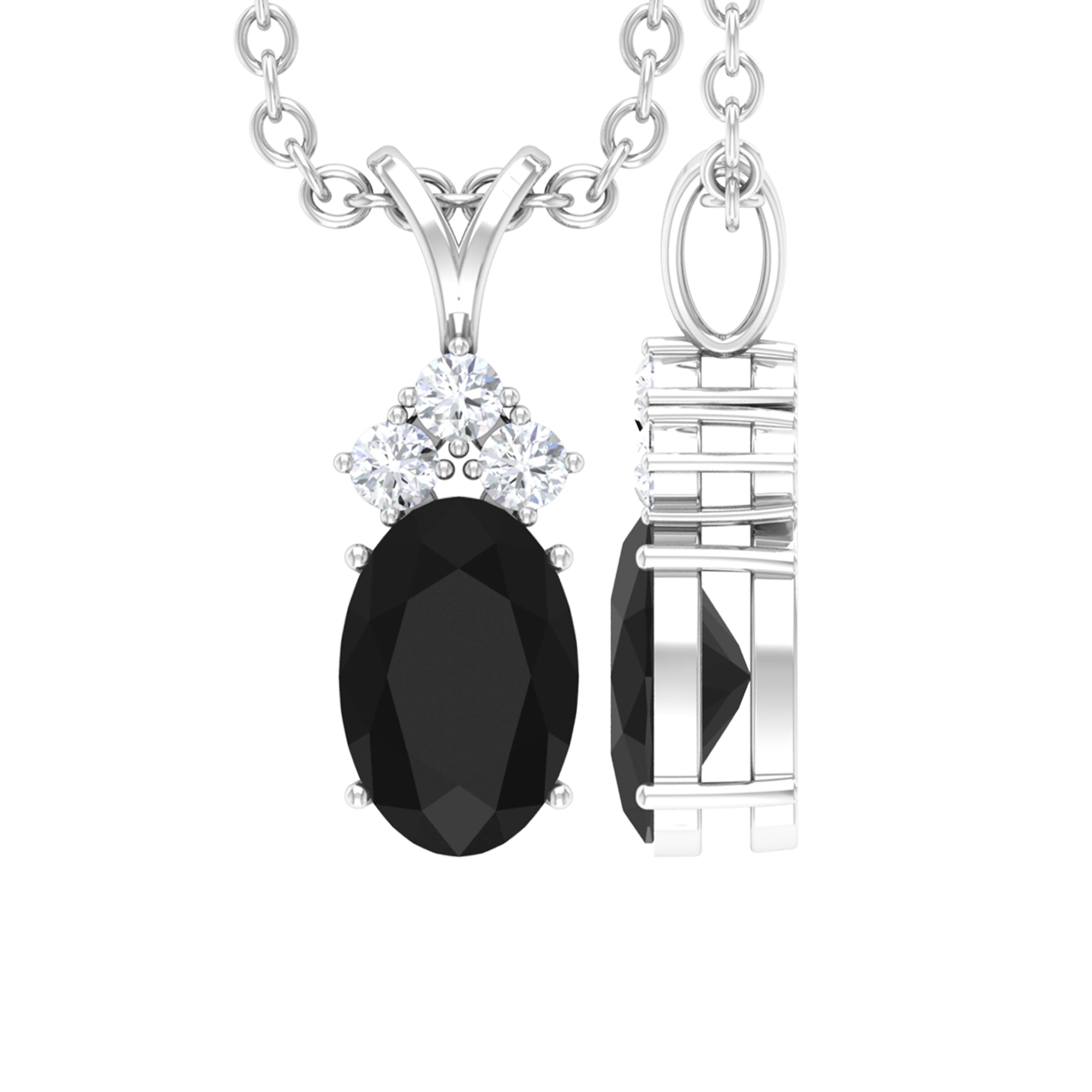 Genuine Half Carat Oval Black Onyx Pendant Necklace with Diamond Trio