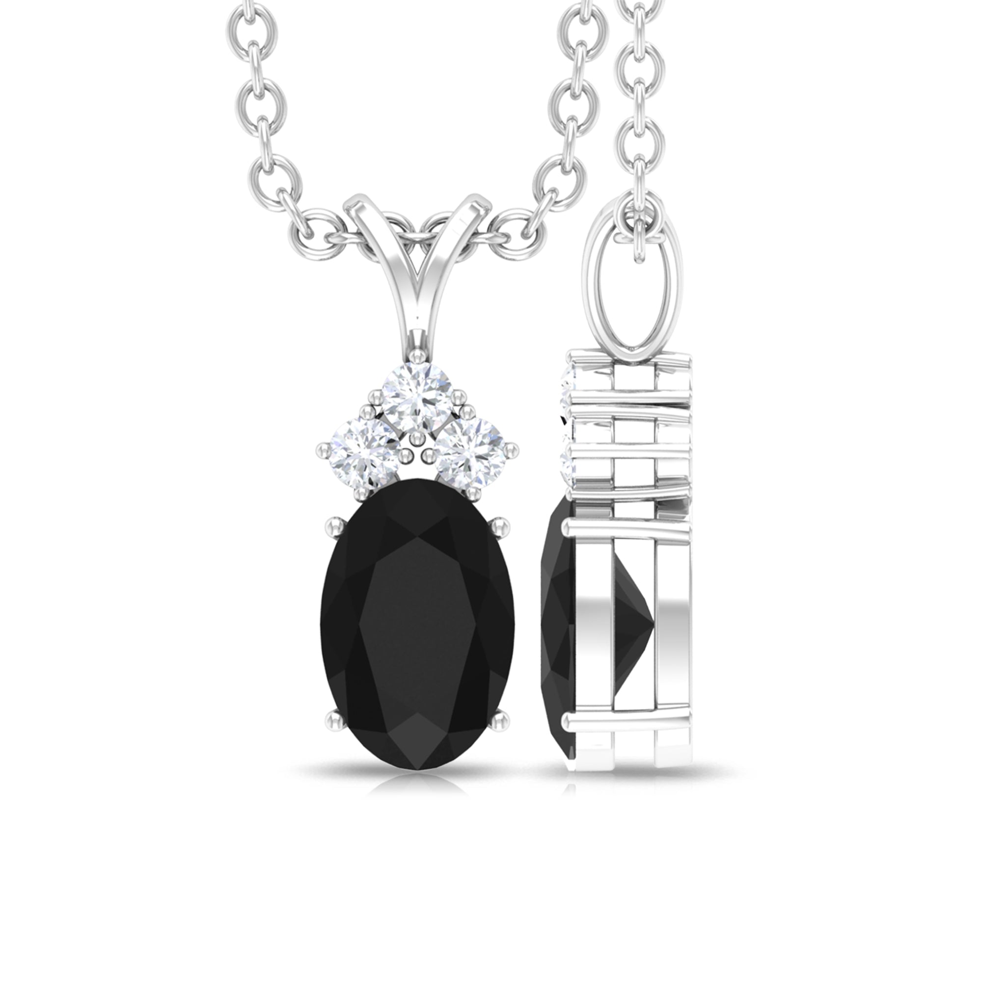 Genuine Half Carat Oval Black Onyx Pendant Necklace with Diamond Trio