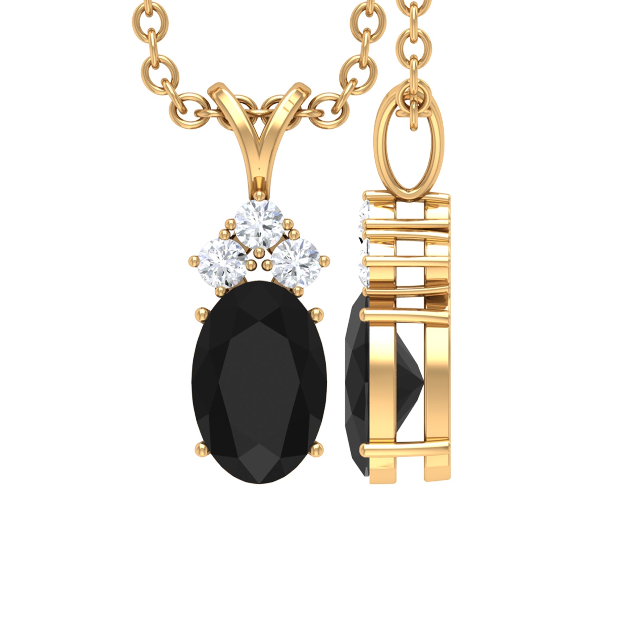 Genuine Half Carat Oval Black Onyx Pendant Necklace with Diamond Trio