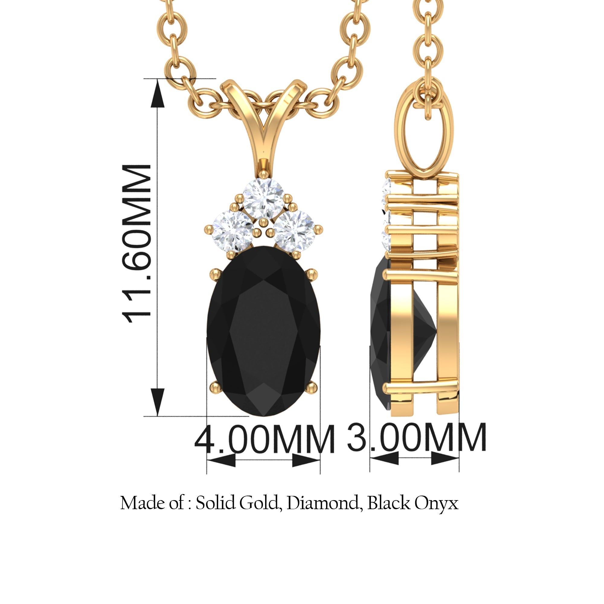 Genuine Half Carat Oval Black Onyx Pendant Necklace with Diamond Trio