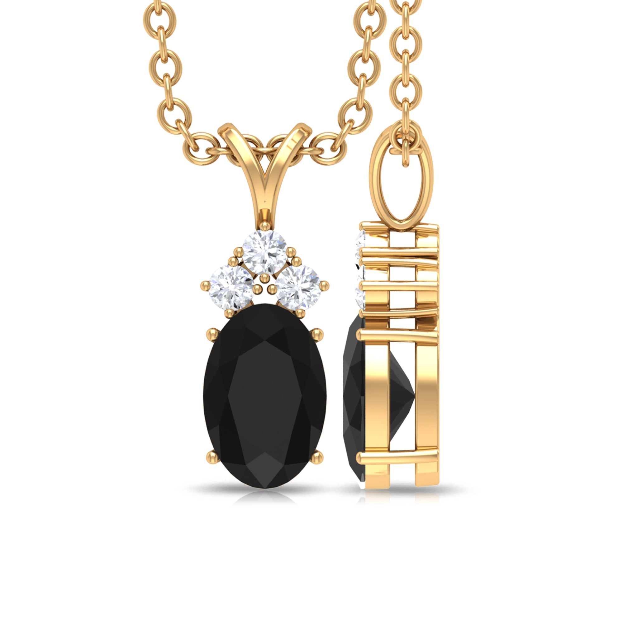 Genuine Half Carat Oval Black Onyx Pendant Necklace with Diamond Trio