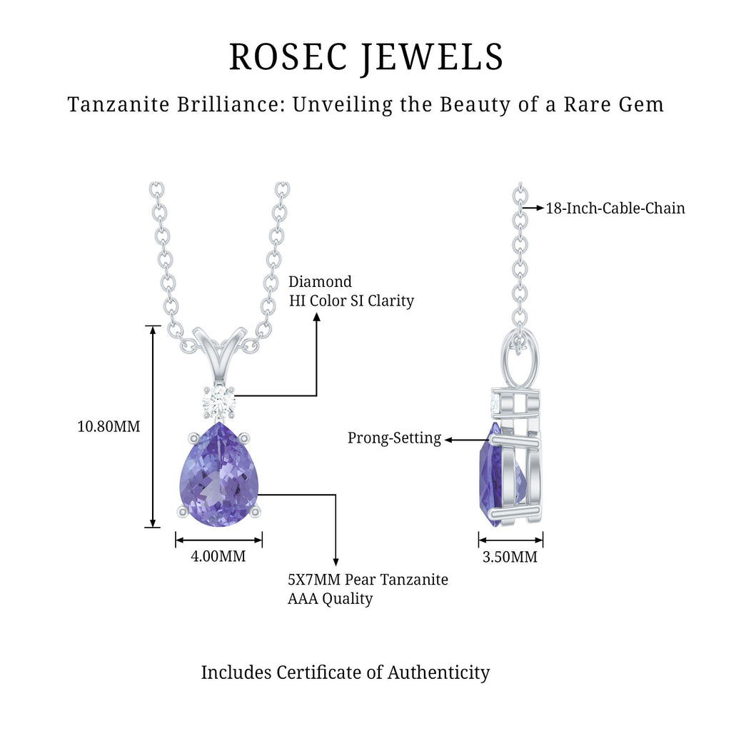 Tanzanite Pendant Necklace – Pear Shape Solitaire Pendant With Diamond Accent
