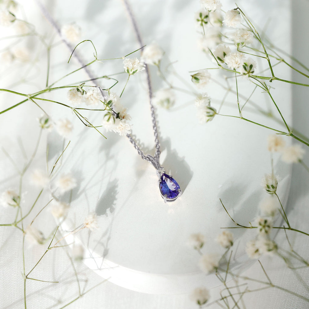 Tanzanite Pendant Necklace – Pear Shape Solitaire Pendant With Diamond Accent