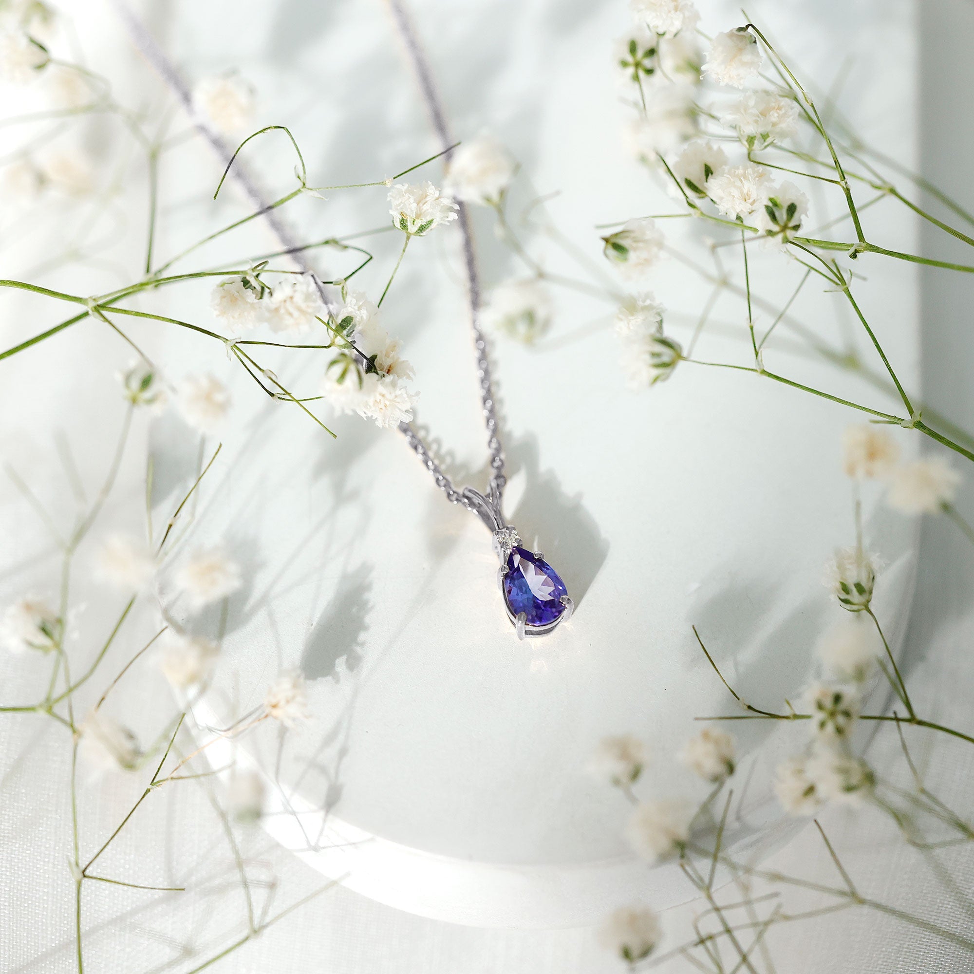 Tanzanite Pendant Necklace – Pear Shape Solitaire Pendant With Diamond Accent
