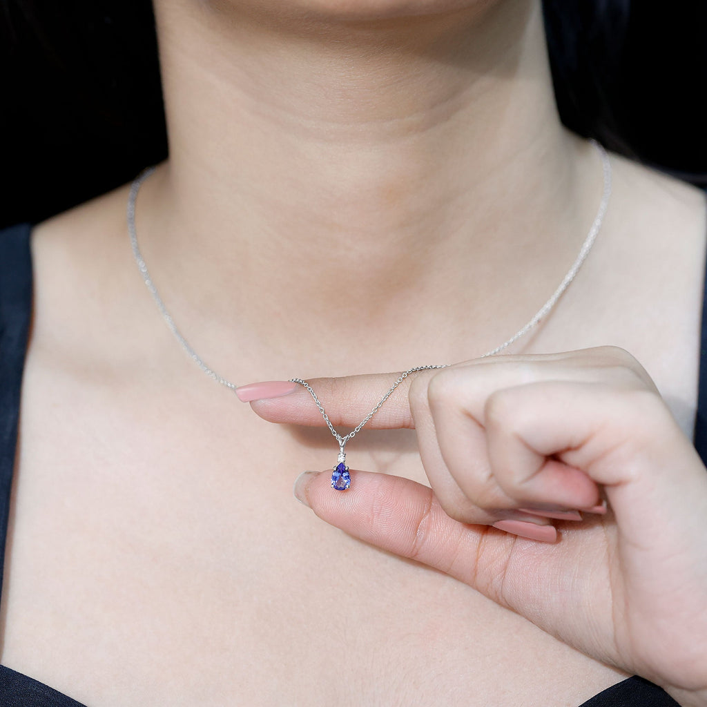 Tanzanite Pendant Necklace – Pear Shape Solitaire Pendant With Diamond Accent