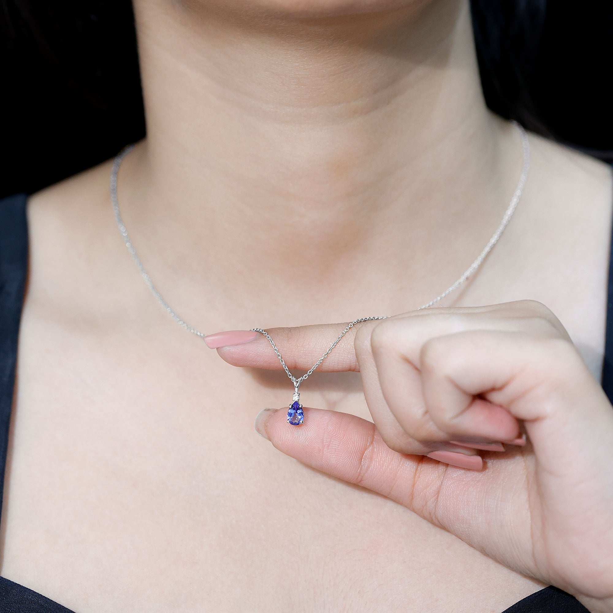 Tanzanite Pendant Necklace – Pear Shape Solitaire Pendant With Diamond Accent