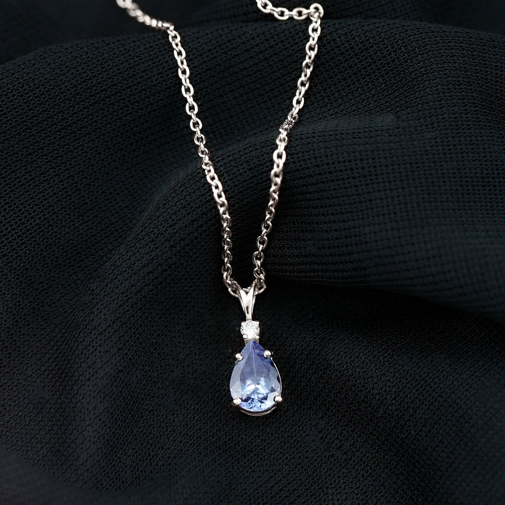 Tanzanite Pendant Necklace – Pear Shape Solitaire Pendant With Diamond Accent
