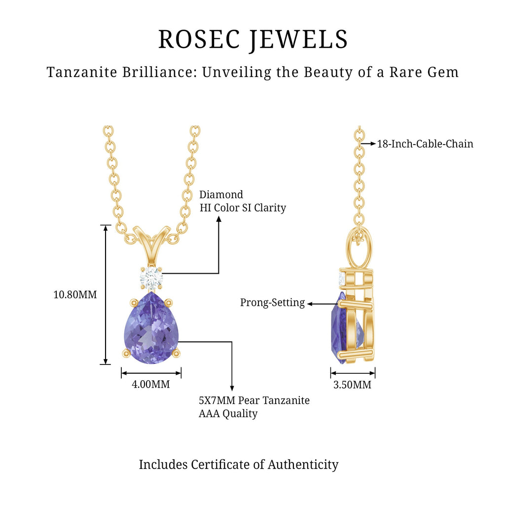 Tanzanite Pendant Necklace – Pear Shape Solitaire Pendant With Diamond Accent