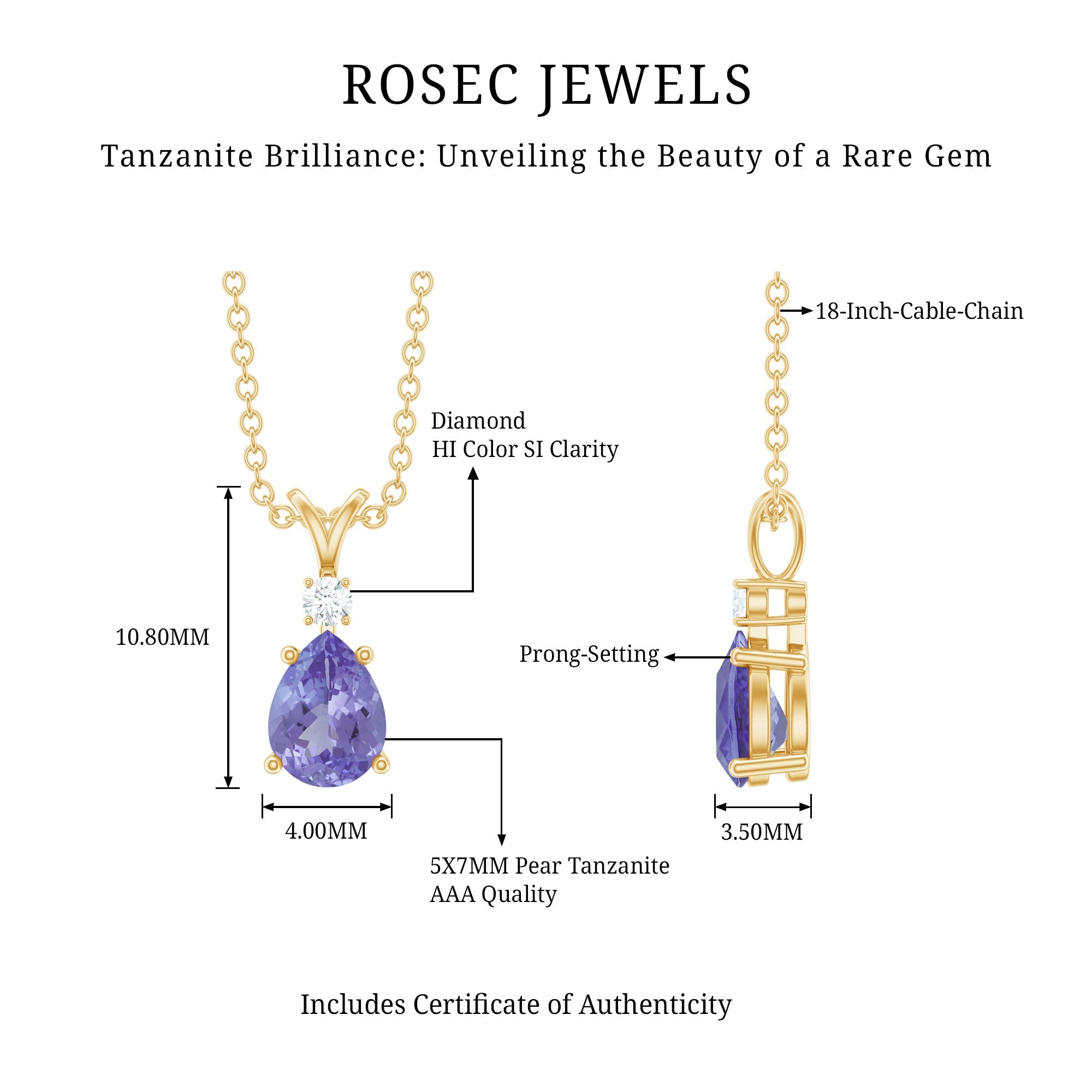 Tanzanite Pendant Necklace – Pear Shape Solitaire Pendant With Diamond Accent