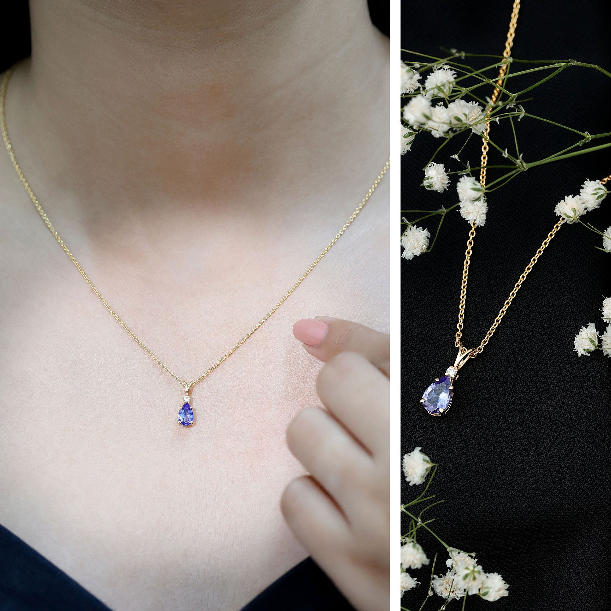 Tanzanite Pendant Necklace – Pear Shape Solitaire Pendant With Diamond Accent