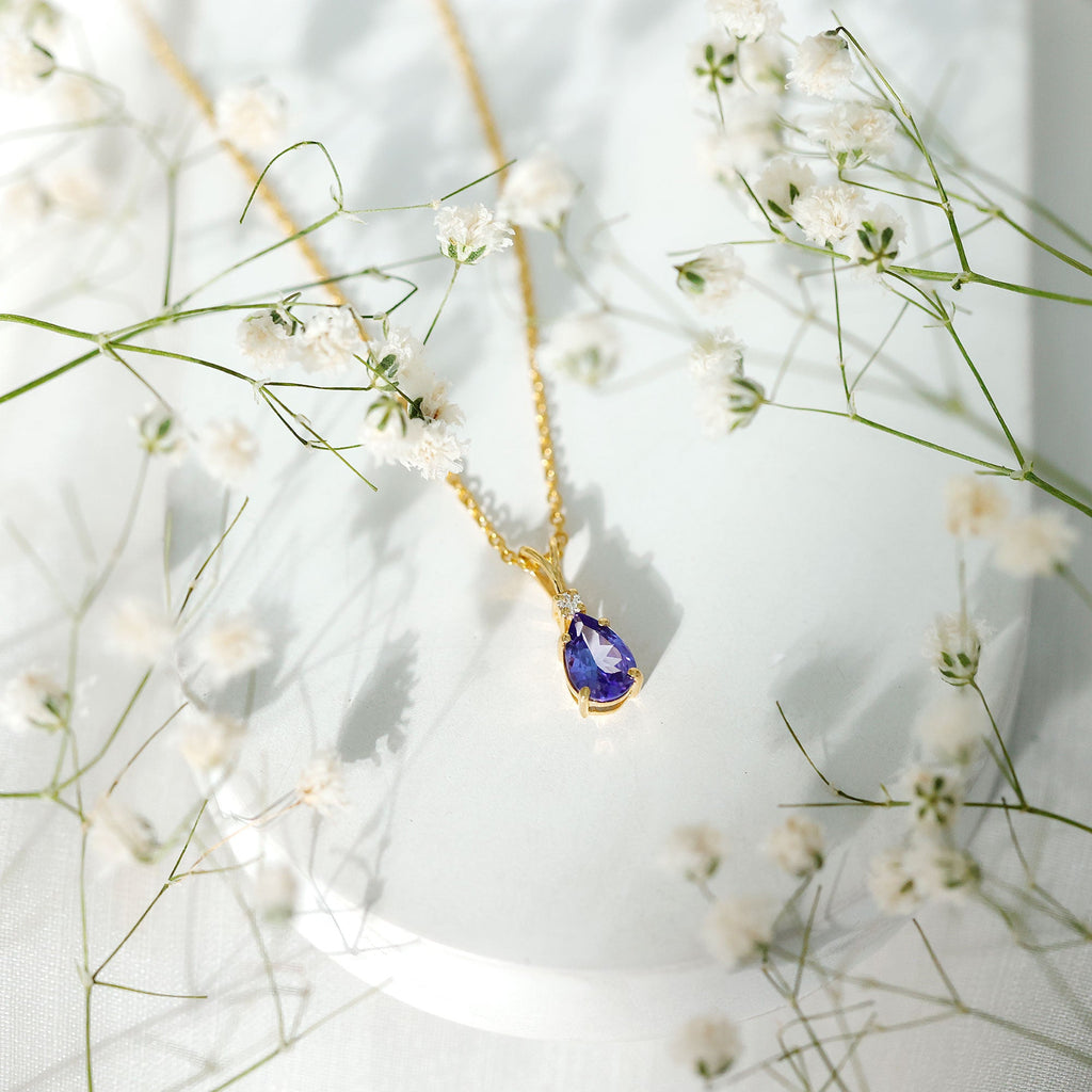 Tanzanite Pendant Necklace – Pear Shape Solitaire Pendant With Diamond Accent