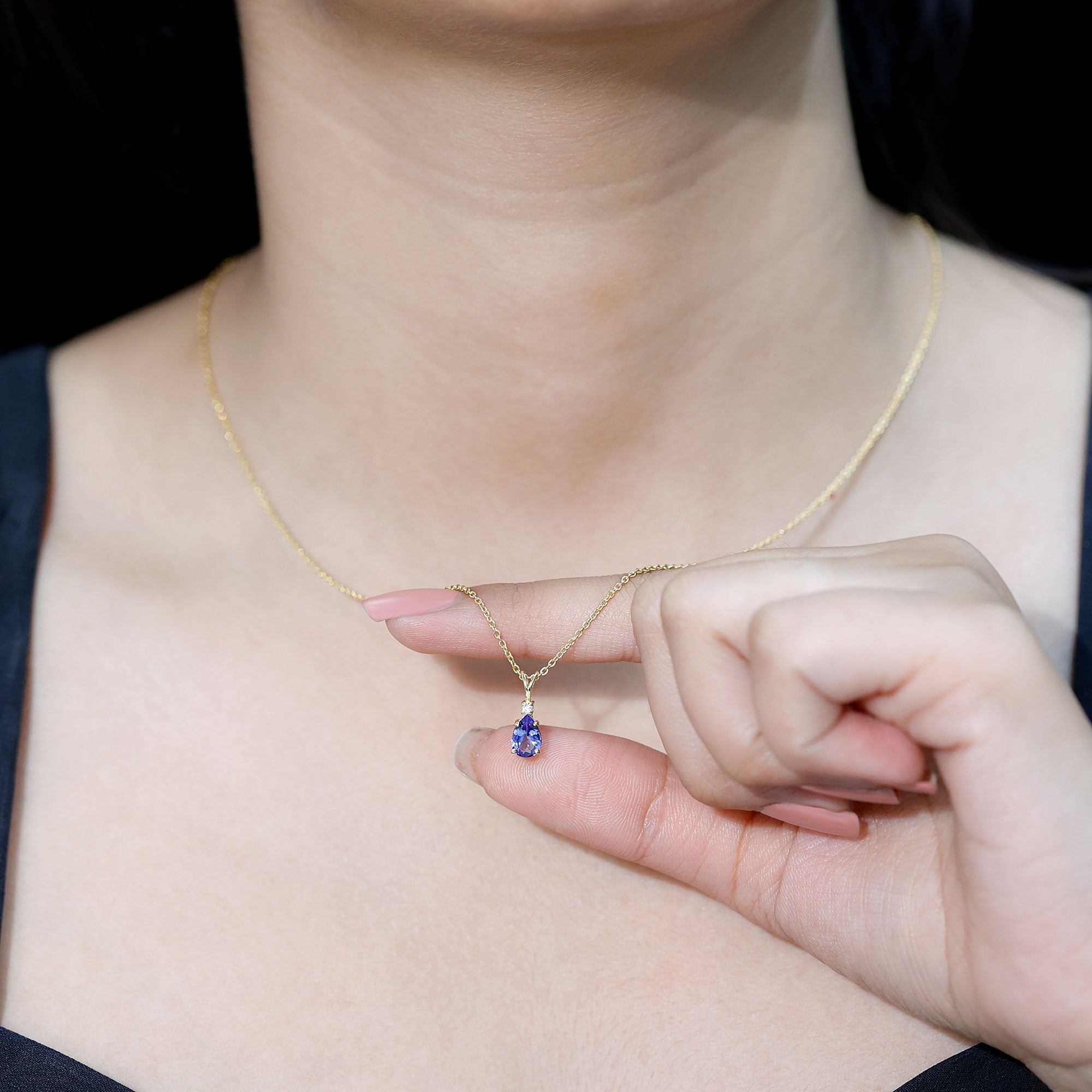 Tanzanite Pendant Necklace – Pear Shape Solitaire Pendant With Diamond Accent