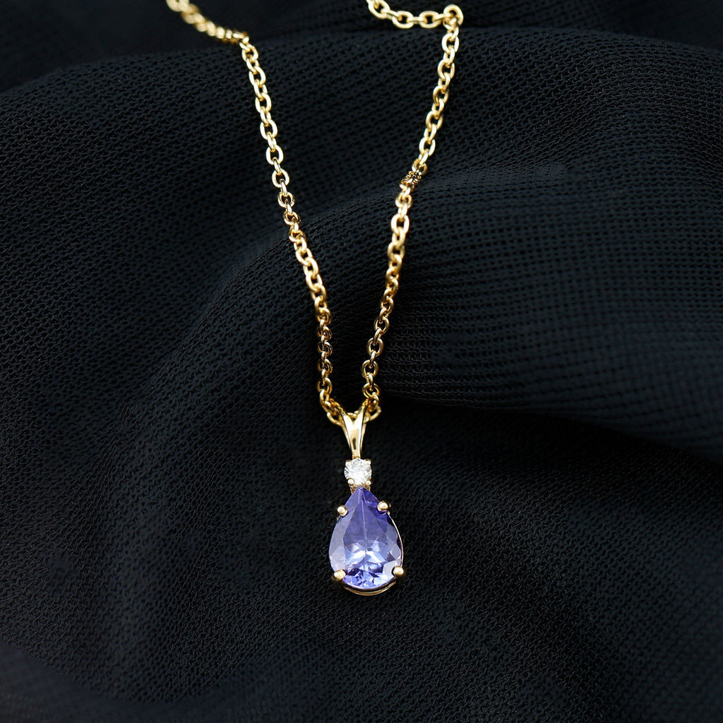 Tanzanite Pendant Necklace – Pear Shape Solitaire Pendant With Diamond Accent