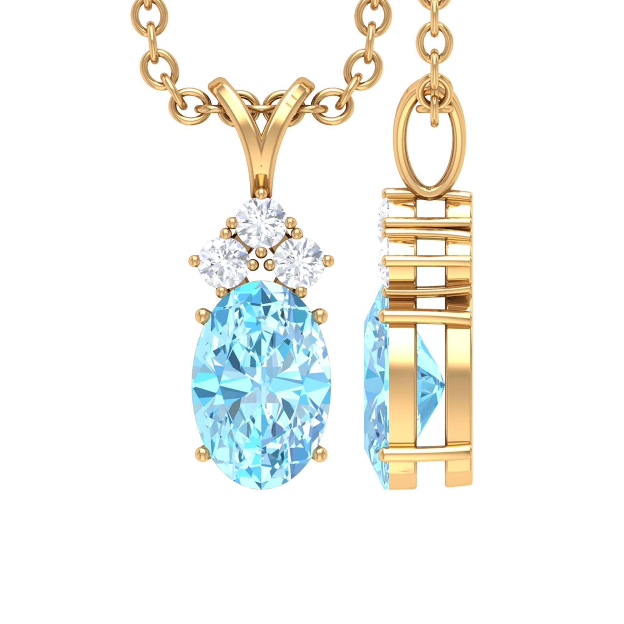 Aquamarine Pendant Necklace – Oval Cut Blue Gemstone with Diamond Trio Design