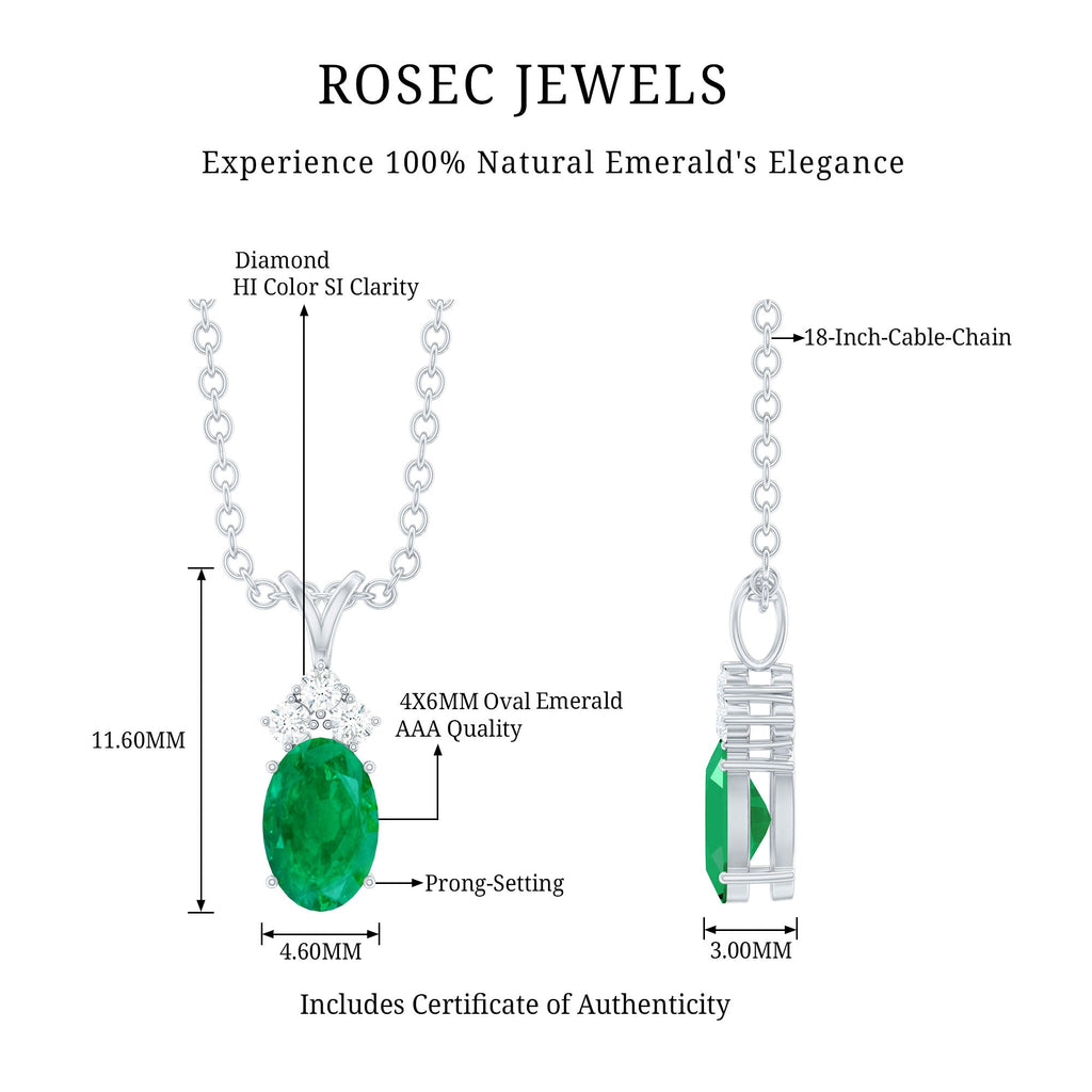 Emerald Pendant Necklace - Oval Emerald Necklace with Diamond Trio Pendant by Rosec Jewels