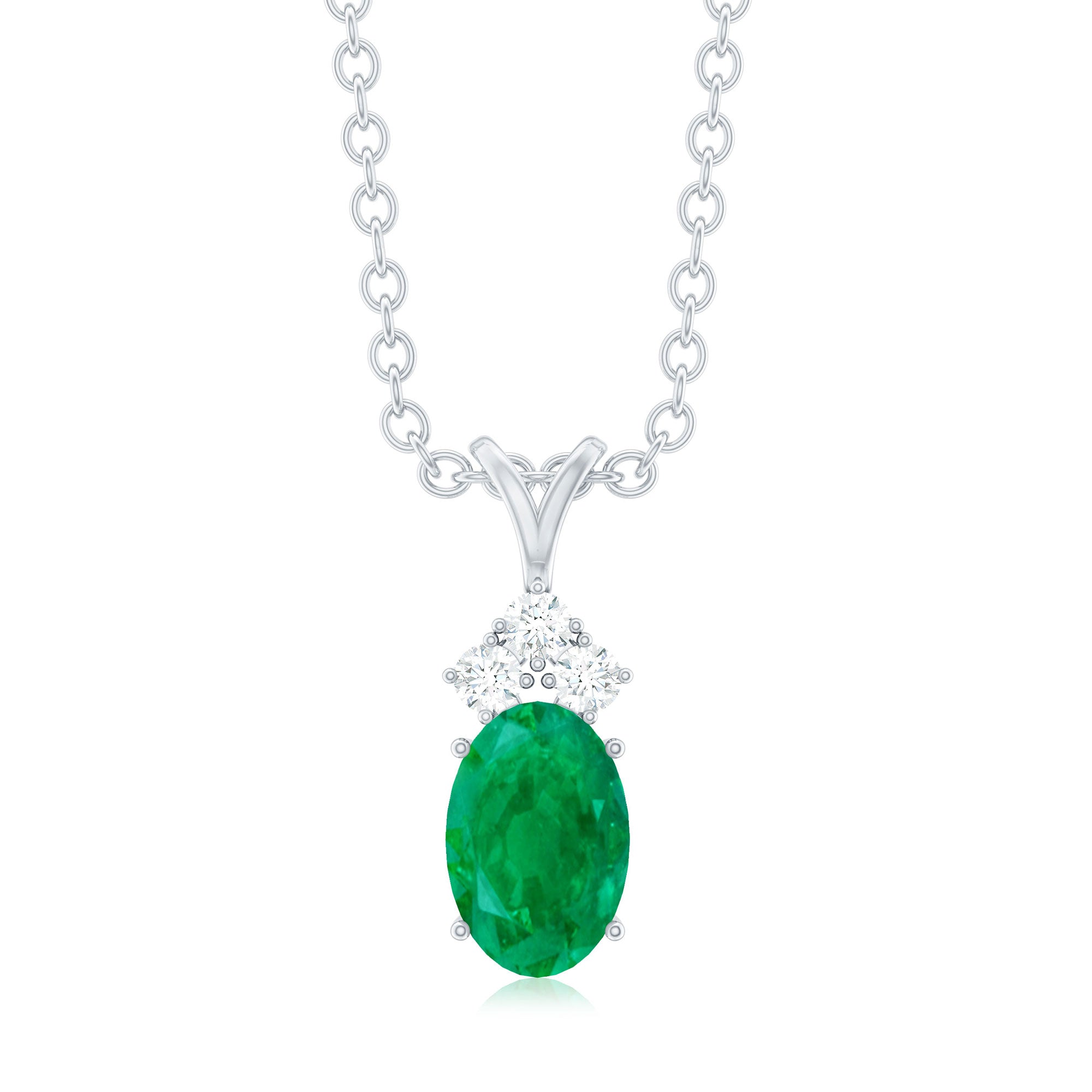 Emerald Pendant Necklace - Oval Emerald Necklace with Diamond Trio Pendant by Rosec Jewels