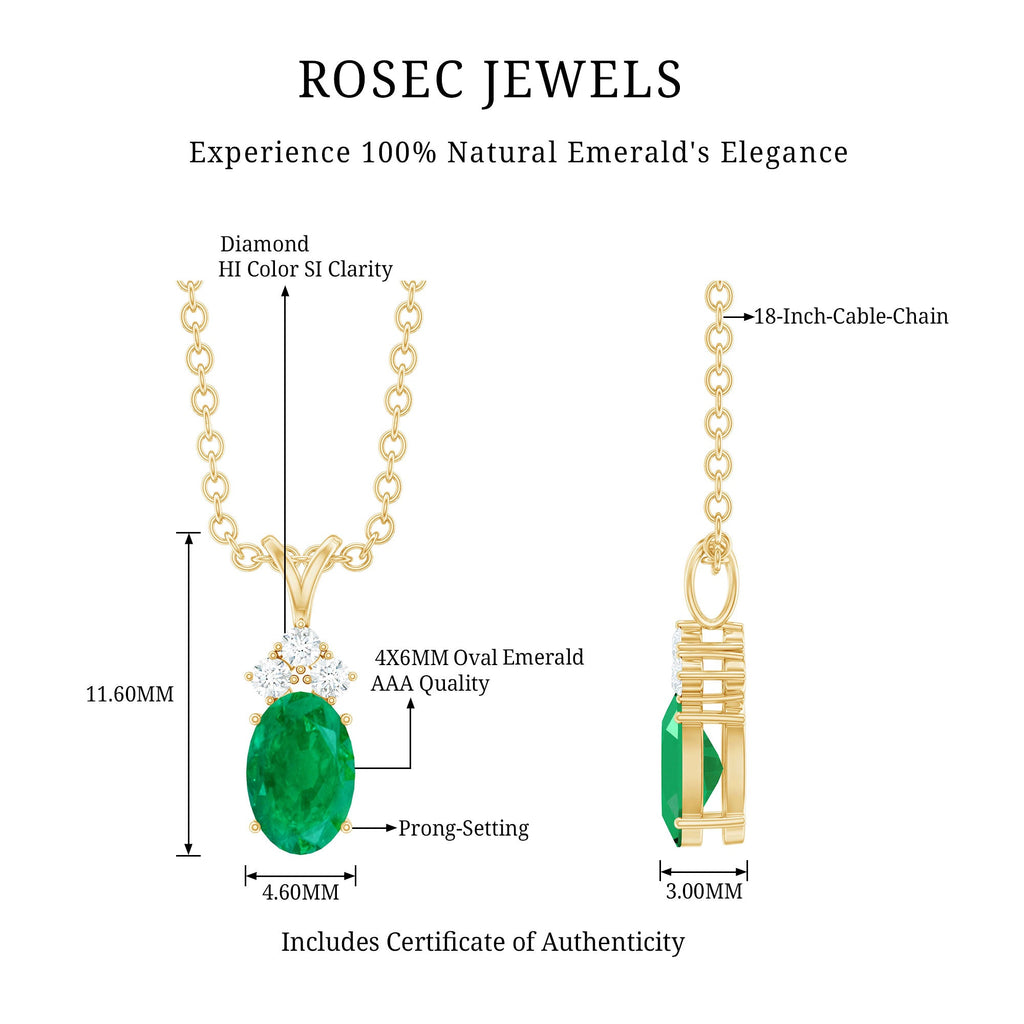 Emerald Pendant Necklace - Oval Emerald Necklace with Diamond Trio Pendant by Rosec Jewels