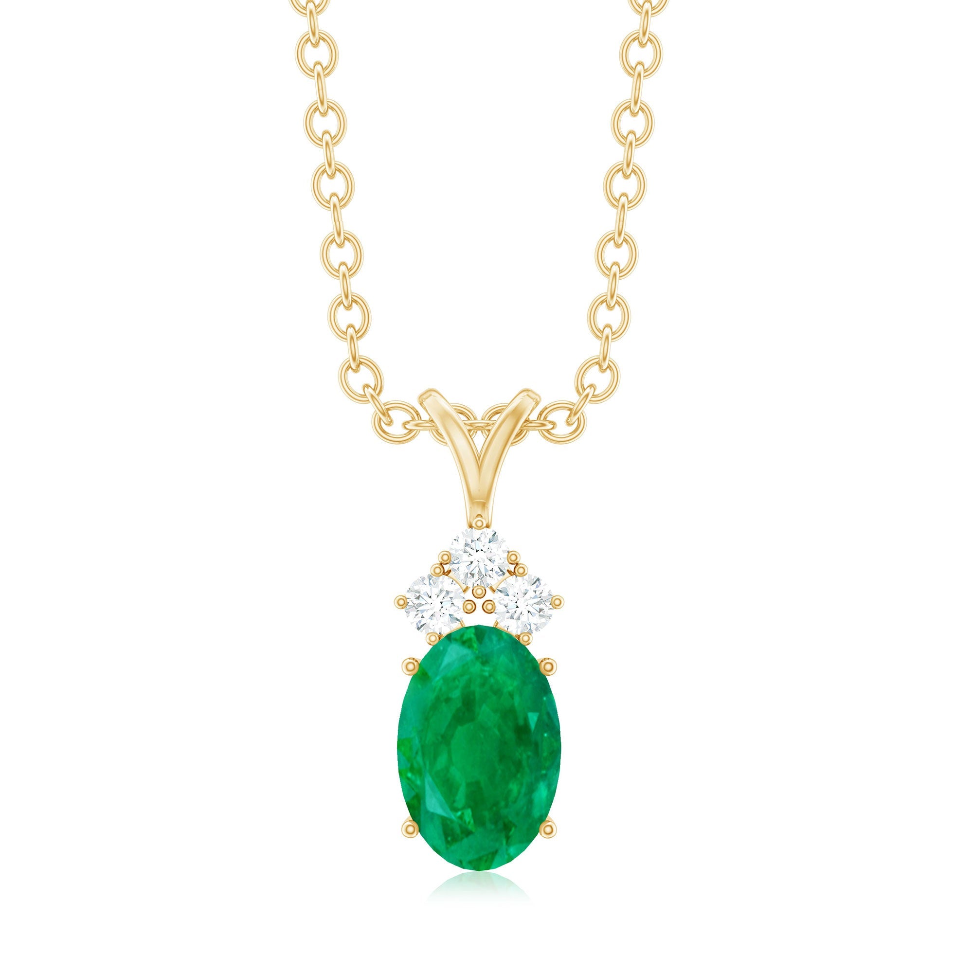 Emerald Pendant Necklace - Oval Emerald Necklace with Diamond Trio Pendant by Rosec Jewels