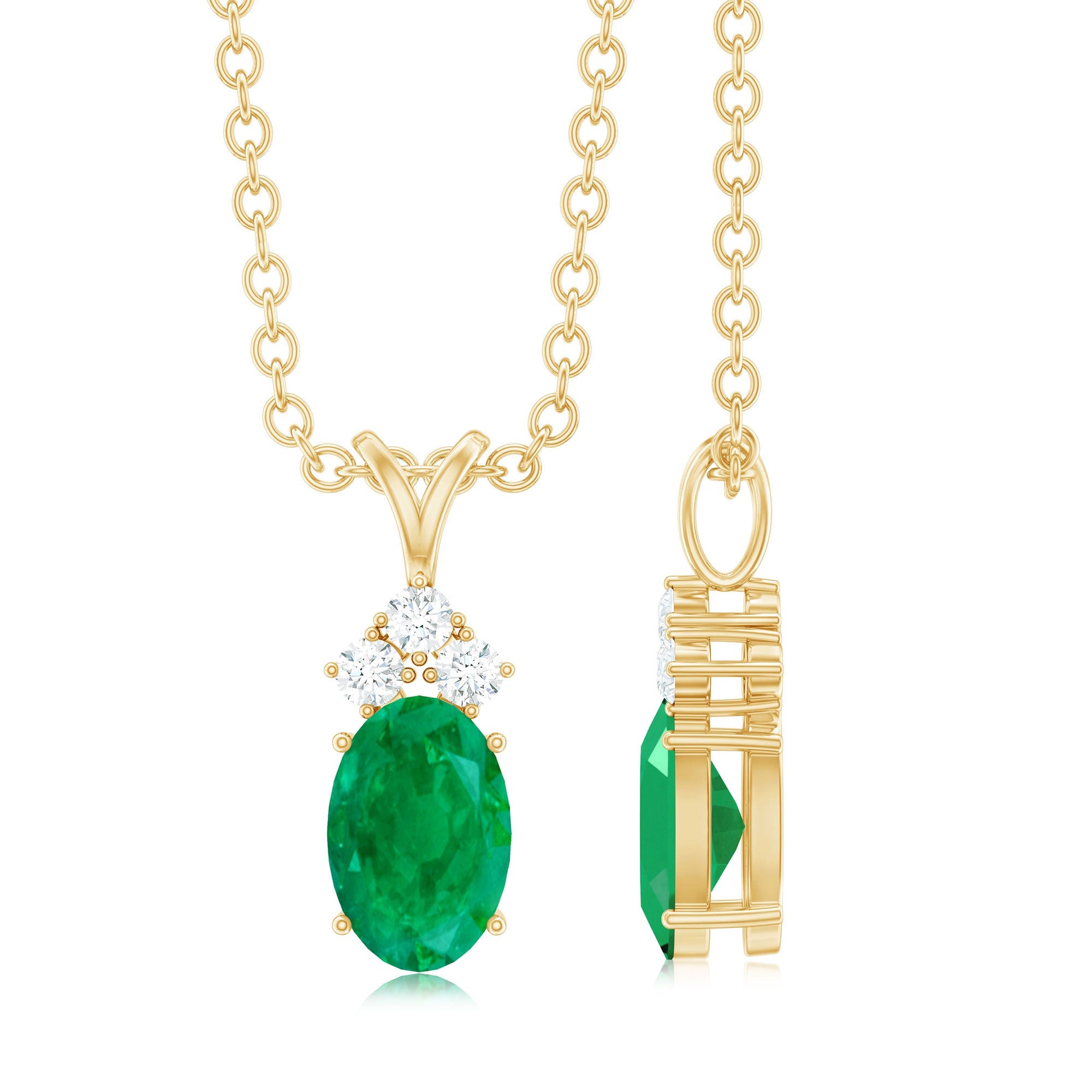 Emerald Pendant Necklace - Oval Emerald Necklace with Diamond Trio Pendant by Rosec Jewels