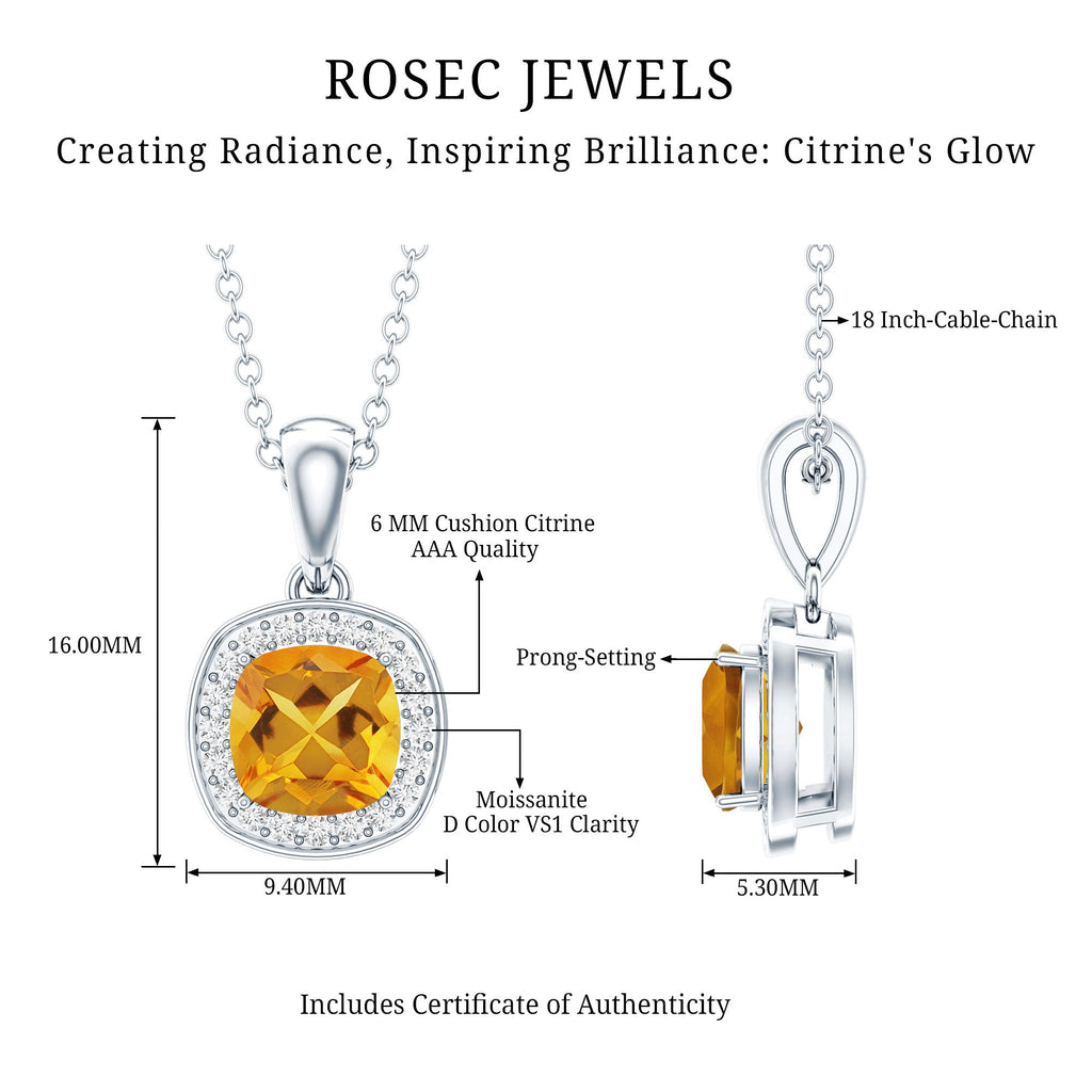 Citrine Pendant Necklace - 1 Carat AAA Quality Yellow Gemstone With Moissanite Halo