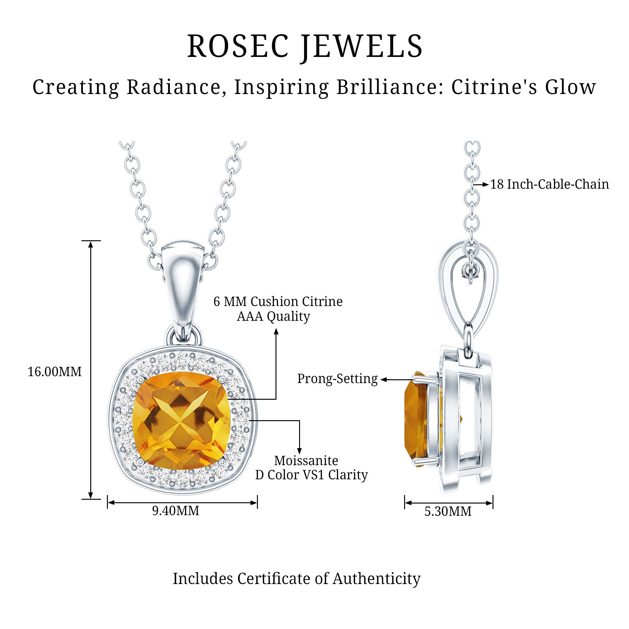 Citrine Pendant Necklace - 1 Carat AAA Quality Yellow Gemstone With Moissanite Halo
