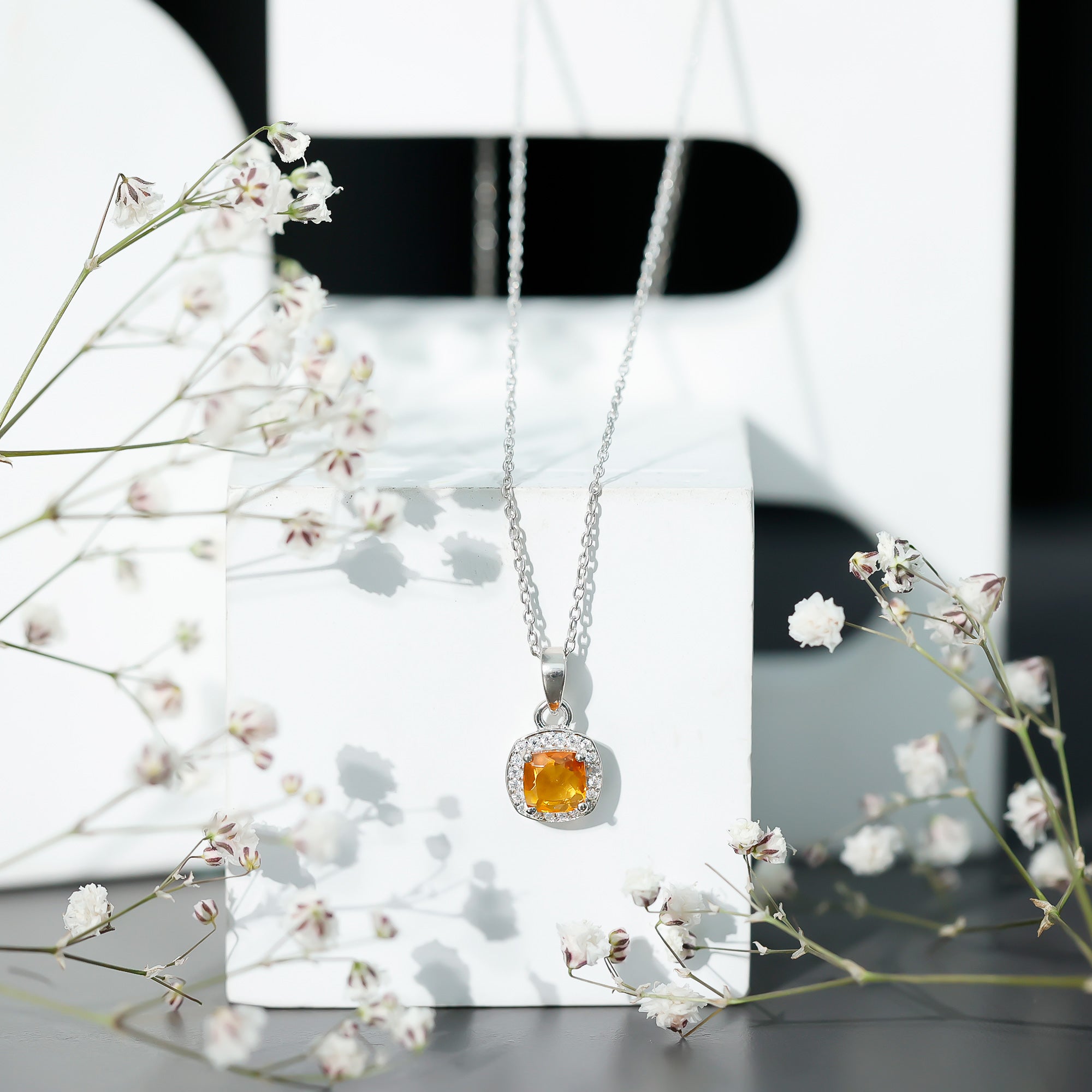 Citrine Pendant Necklace - 1 Carat AAA Quality Yellow Gemstone With Moissanite Halo