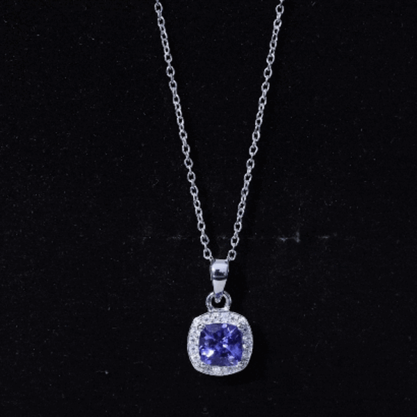 Tanzanite Bridal Necklace – Cushion Cut Blue Gemstone Pendant with Silver Chain