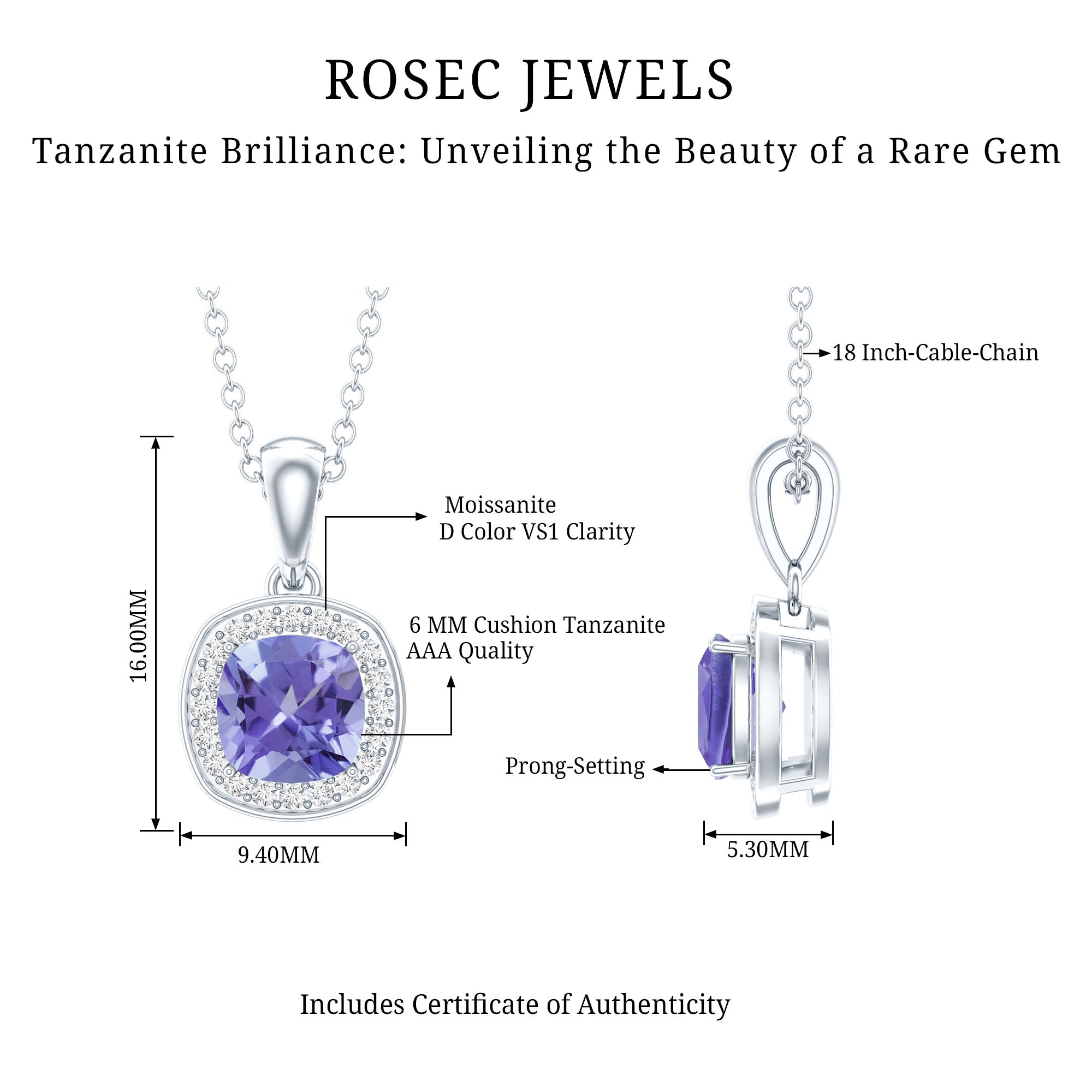 Tanzanite Bridal Necklace – Cushion Cut Blue Gemstone Pendant with Silver Chain
