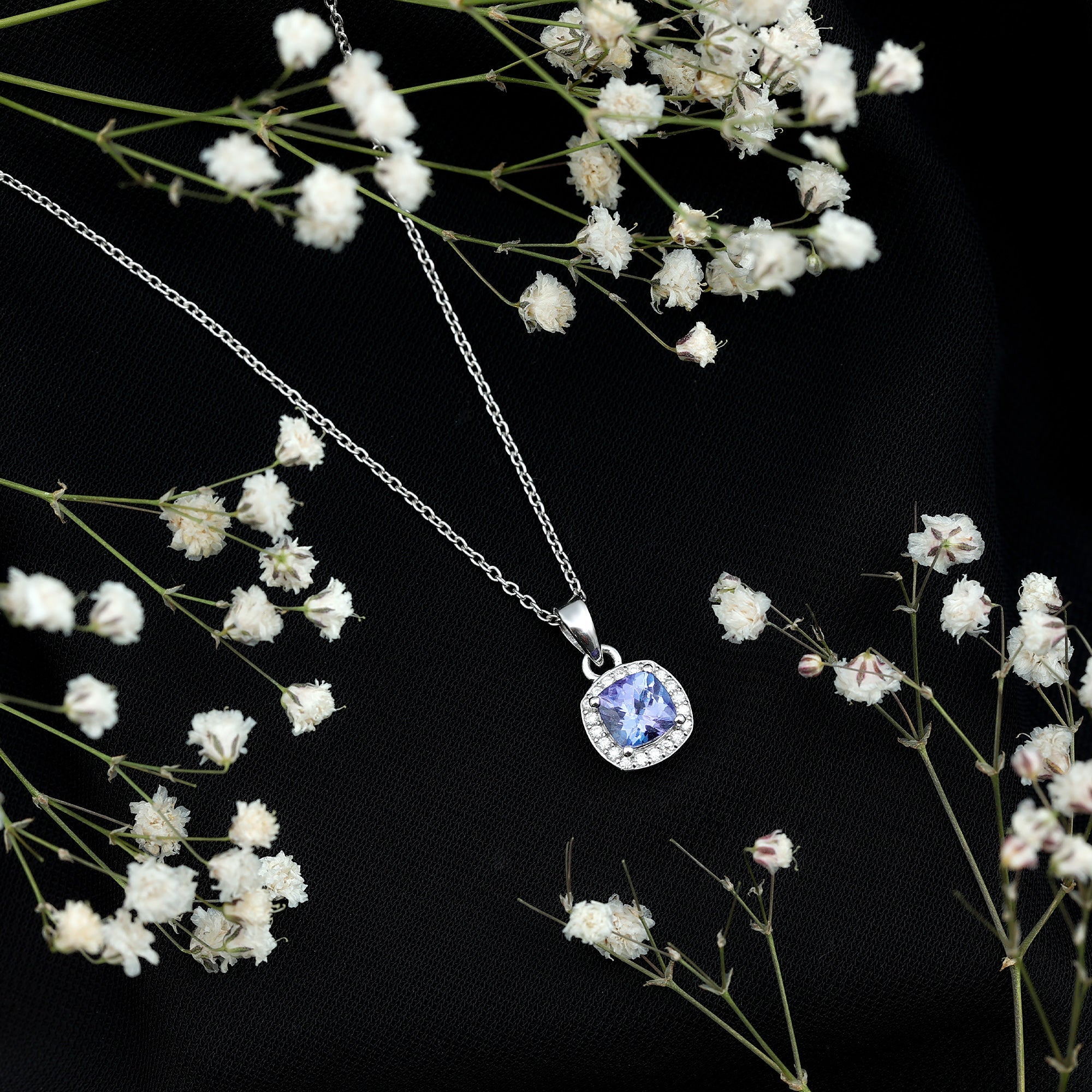 Tanzanite Bridal Necklace – Cushion Cut Blue Gemstone Pendant with Silver Chain