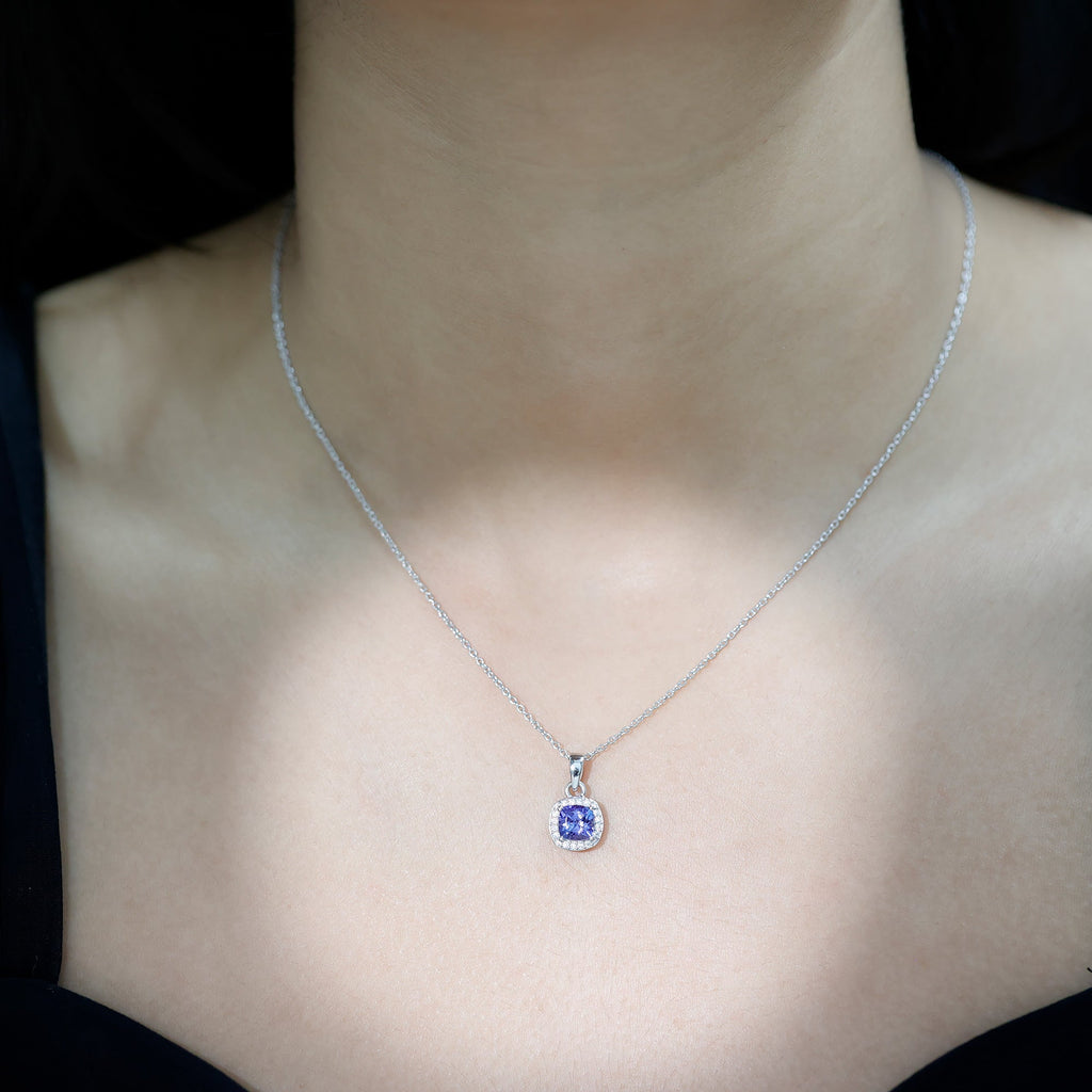 Tanzanite Bridal Necklace – Cushion Cut Blue Gemstone Pendant with Silver Chain