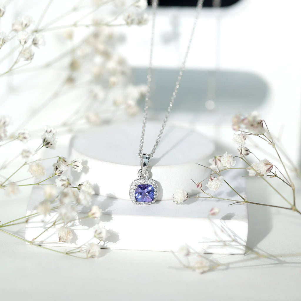 Tanzanite Bridal Necklace – Cushion Cut Blue Gemstone Pendant with Silver Chain