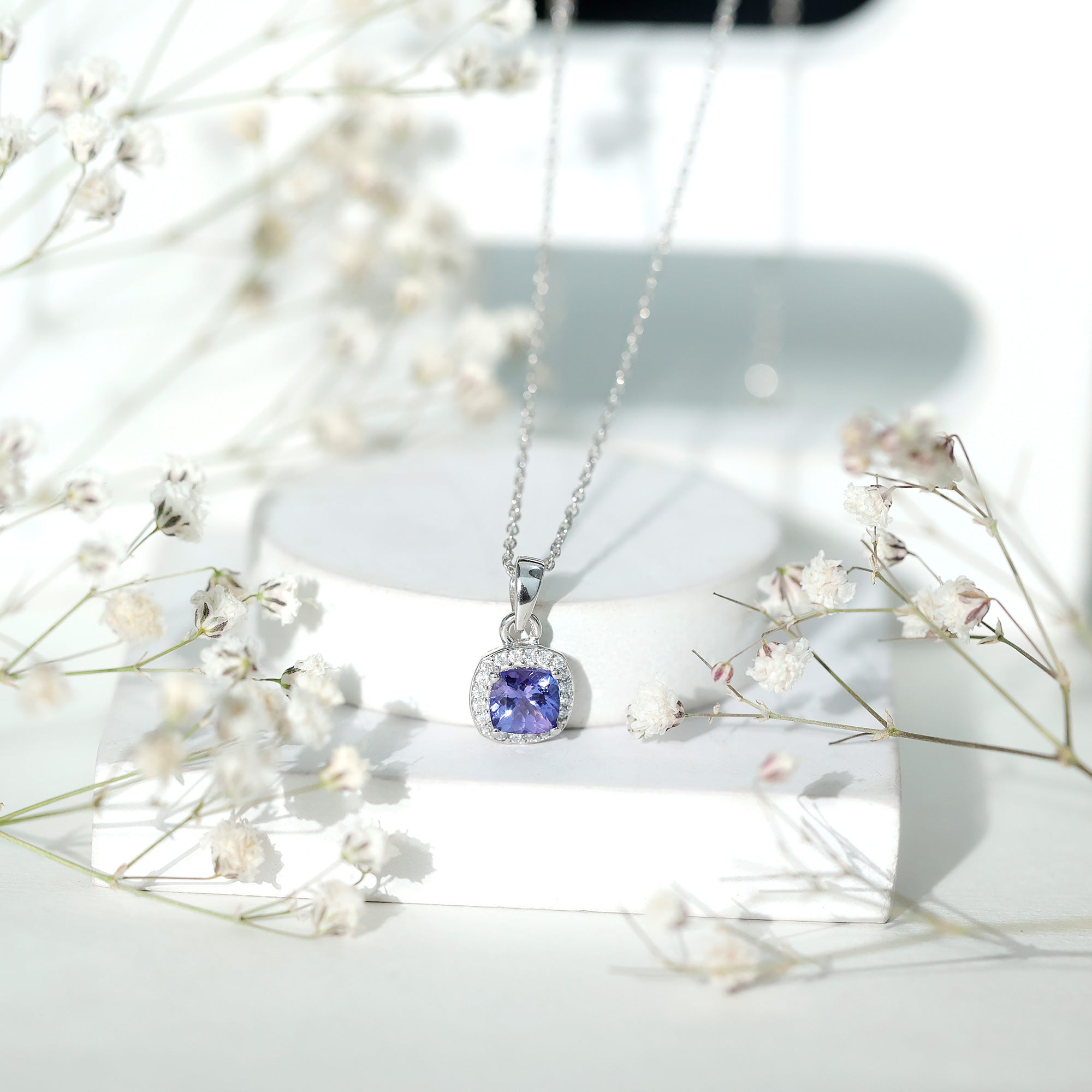 Tanzanite Bridal Necklace – Cushion Cut Blue Gemstone Pendant with Silver Chain