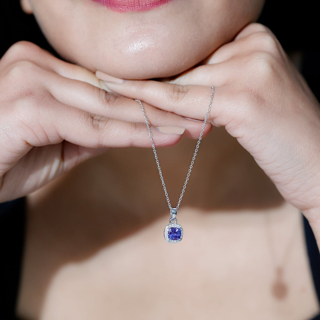Tanzanite Bridal Necklace – Cushion Cut Blue Gemstone Pendant with Silver Chain