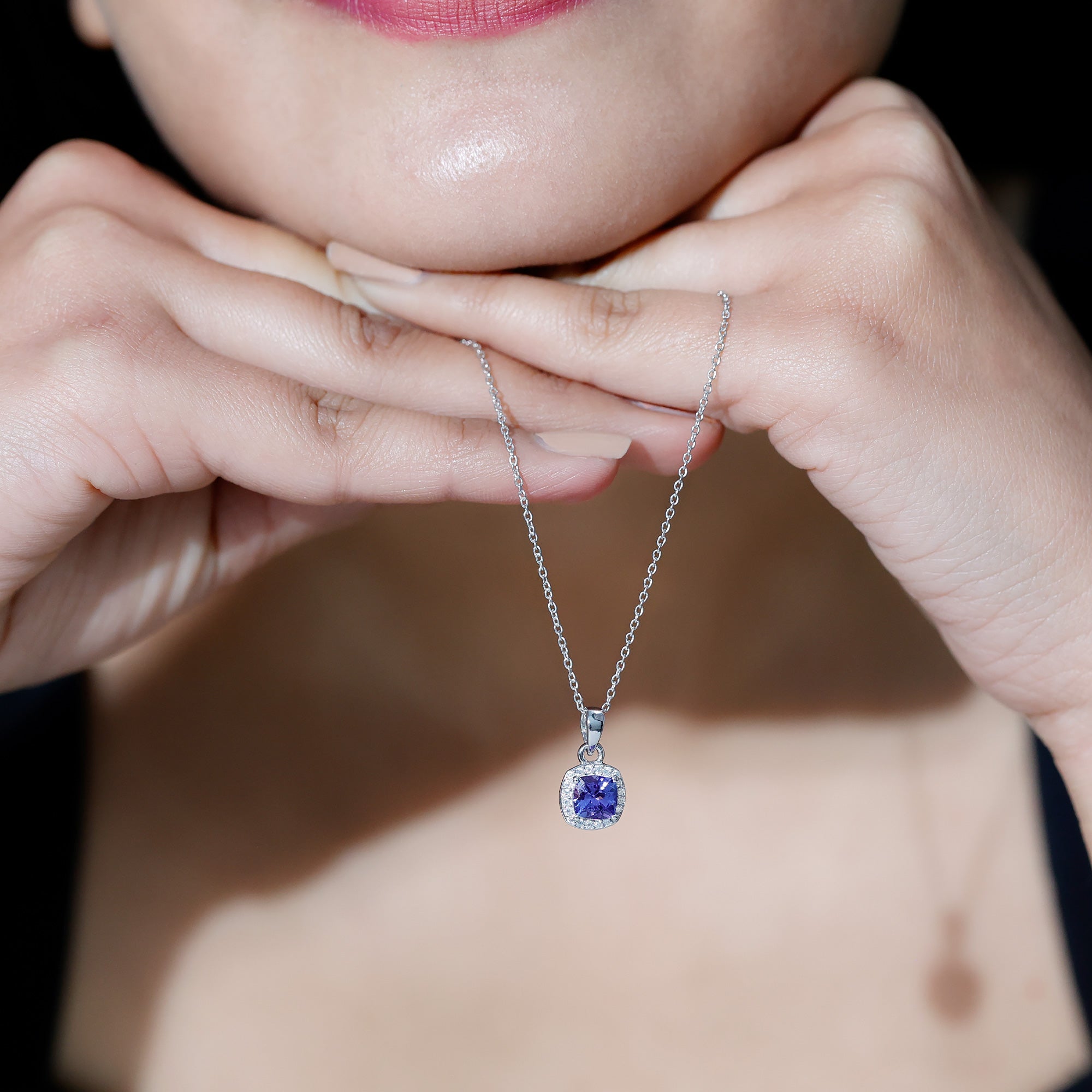 Tanzanite Bridal Necklace – Cushion Cut Blue Gemstone Pendant with Silver Chain