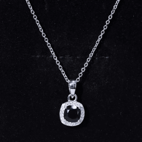 Cushion Cut 2 Carat Black Onyx and Moissanite Halo Necklace with Silver Chain