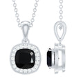 Cushion Cut 2 Carat Black Onyx and Moissanite Halo Necklace with Silver Chain