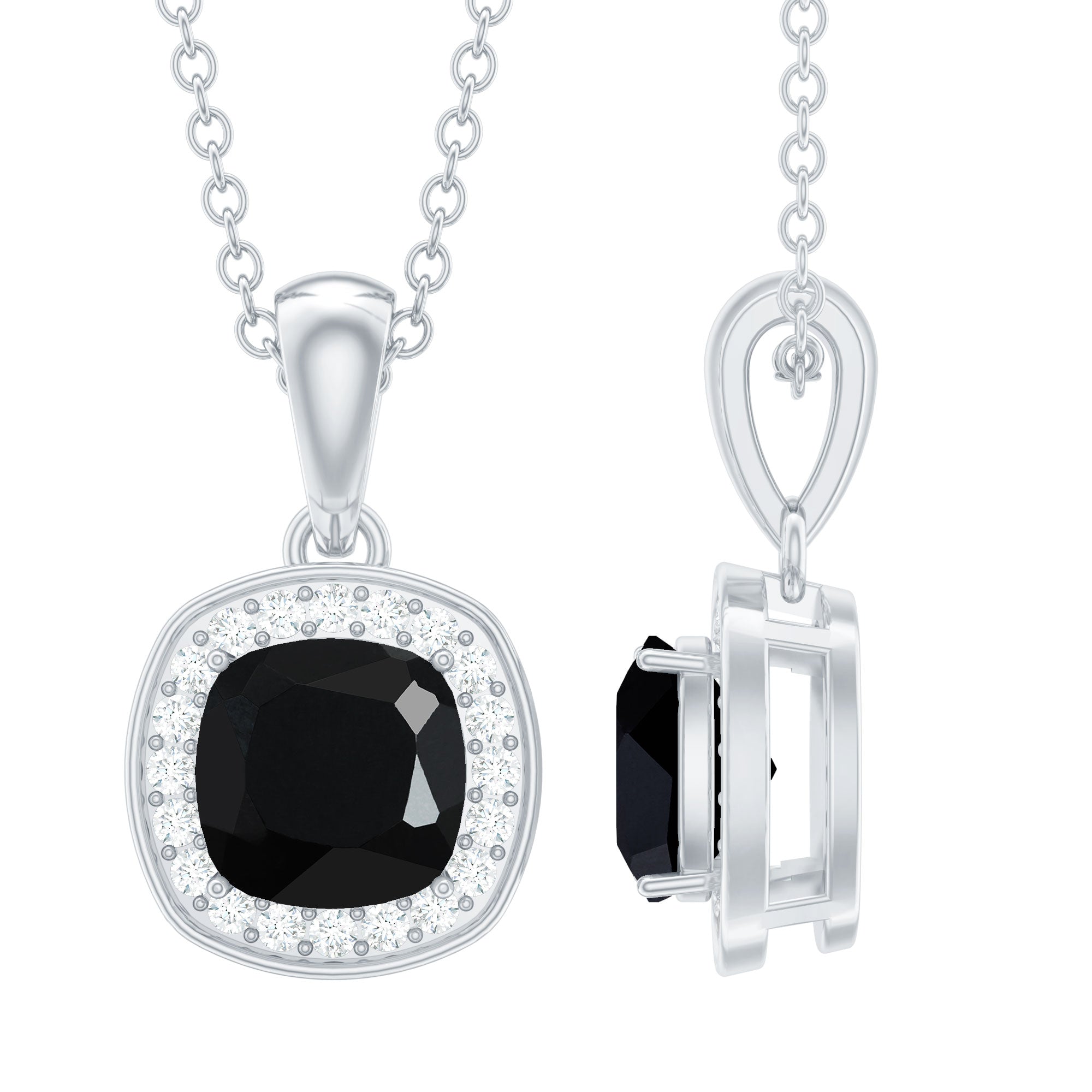 Cushion Cut 2 Carat Black Onyx and Moissanite Halo Necklace with Silver Chain