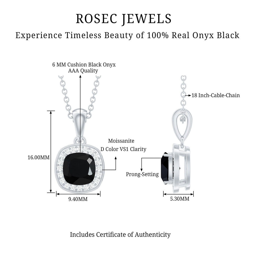 Cushion Cut 2 Carat Black Onyx and Moissanite Halo Necklace with Silver Chain