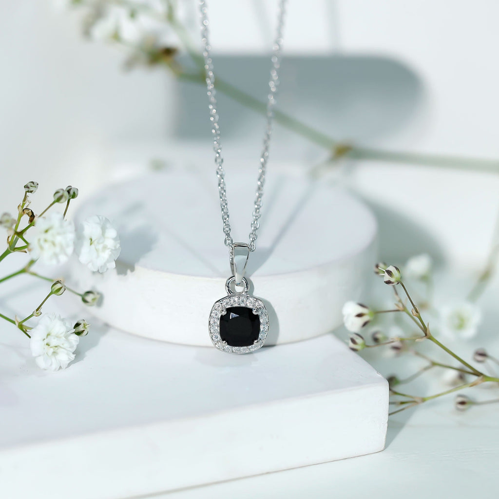 Cushion Cut 2 Carat Black Onyx and Moissanite Halo Necklace with Silver Chain