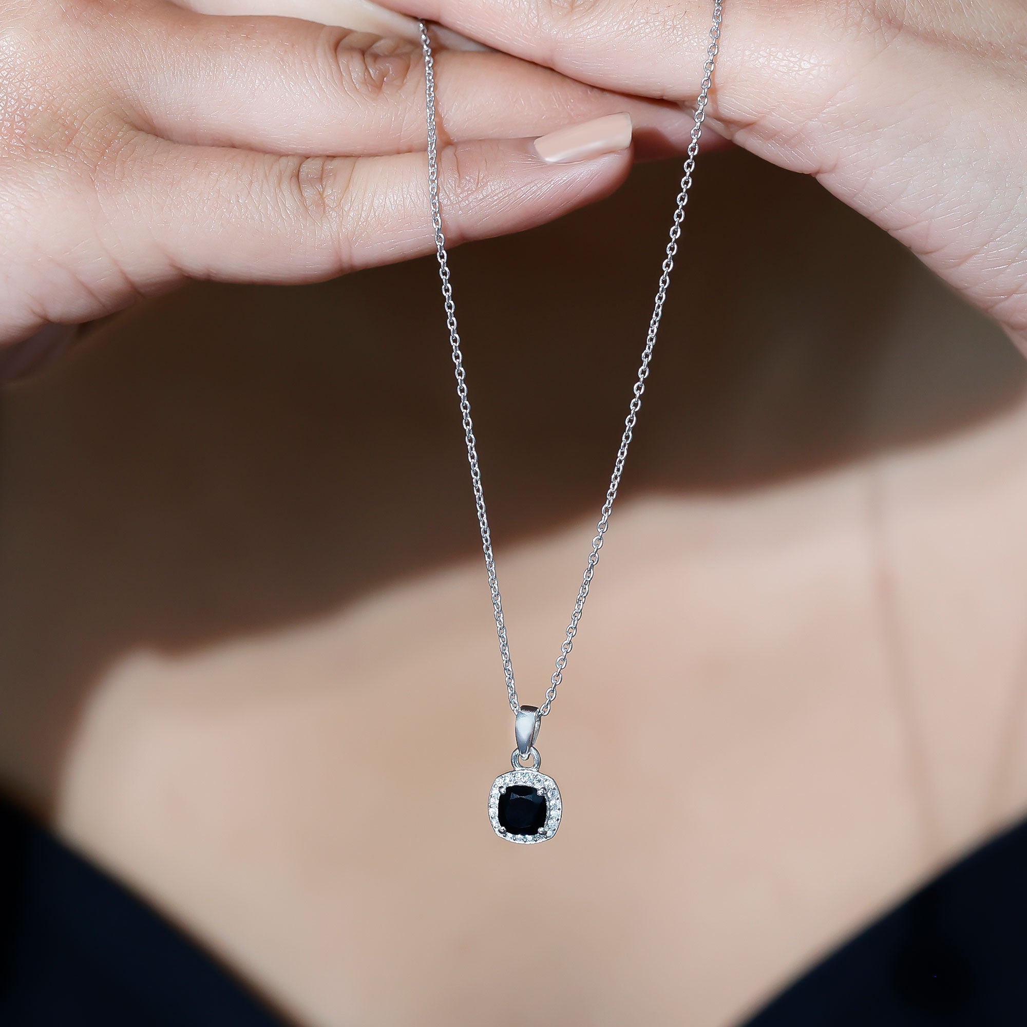 Cushion Cut 2 Carat Black Onyx and Moissanite Halo Necklace with Silver Chain