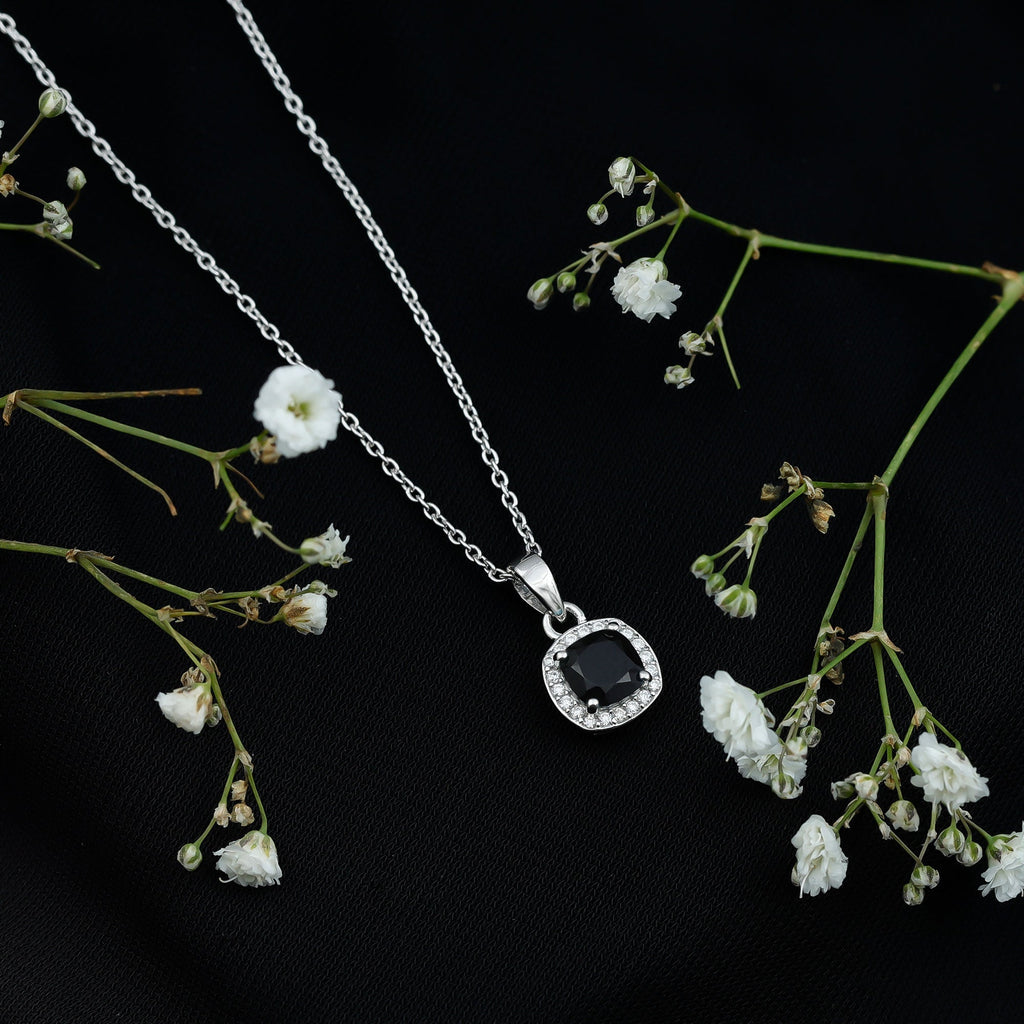 Cushion Cut 2 Carat Black Onyx and Moissanite Halo Necklace with Silver Chain