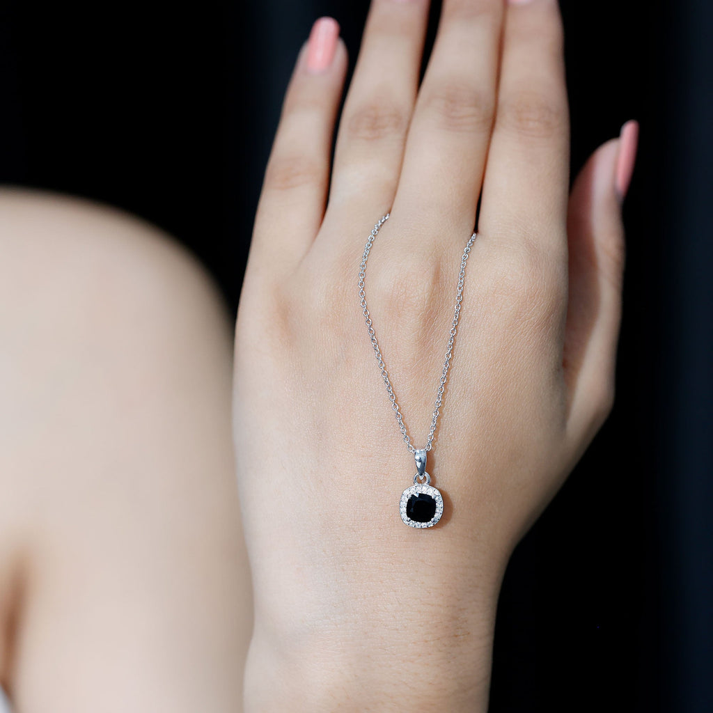 Cushion Cut 2 Carat Black Onyx and Moissanite Halo Necklace with Silver Chain