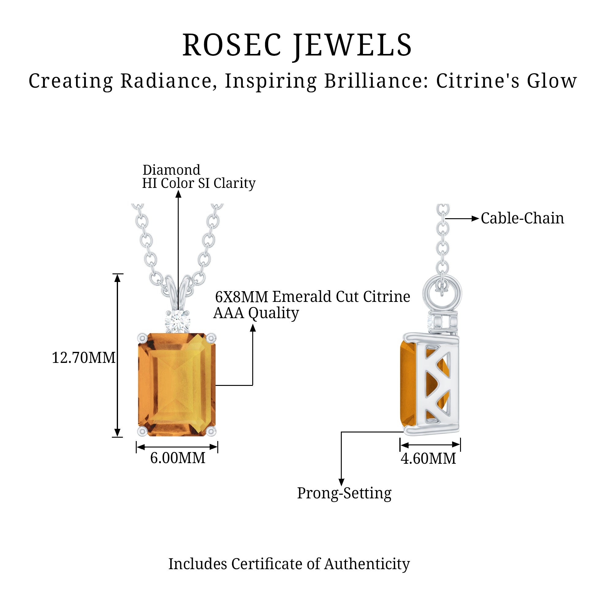 Citrine Pendant Necklace – 1.8 Carat Emerald Cut Necklace with Diamond Accent