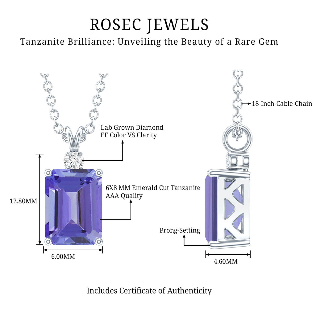 Tanzanite Necklace – 2 Carat Emerald Cut Solitaire Pendant with Silver Chain