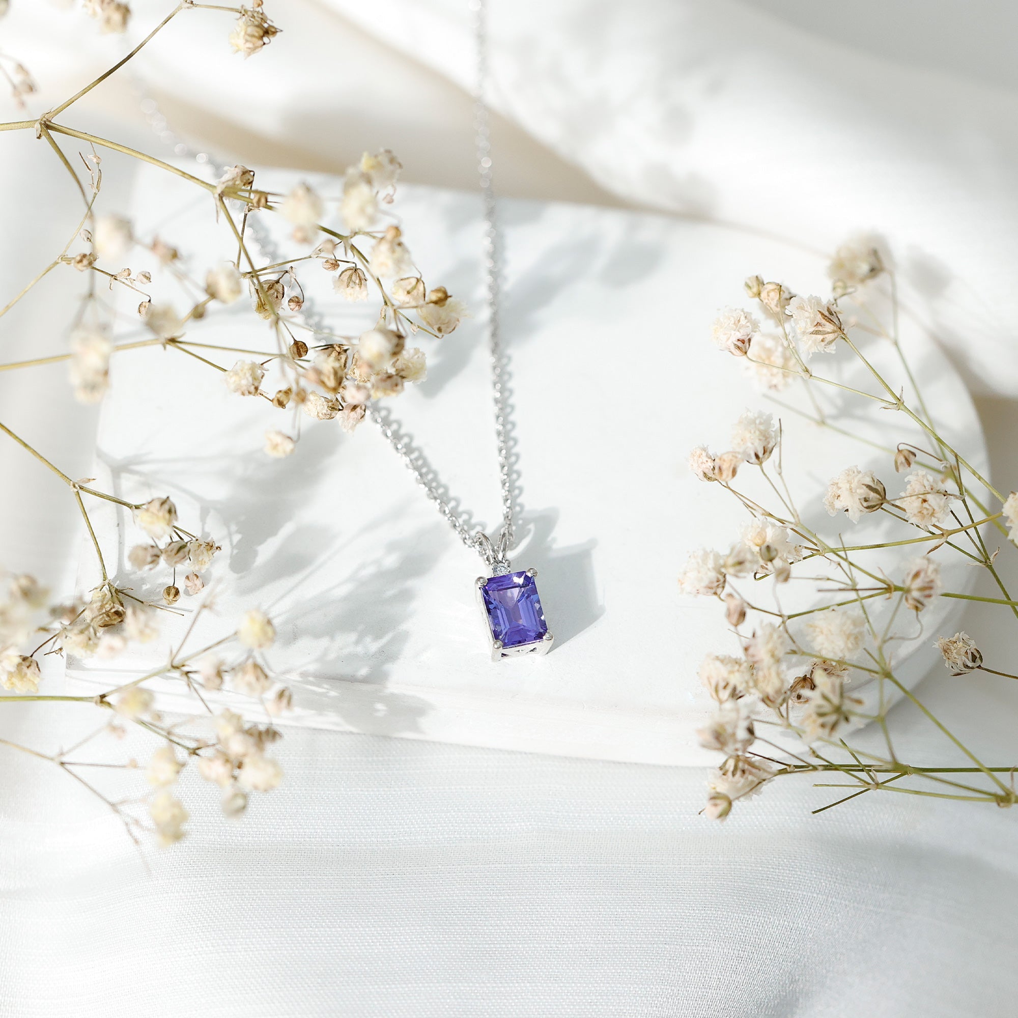 Tanzanite Necklace – 2 Carat Emerald Cut Solitaire Pendant with Silver Chain