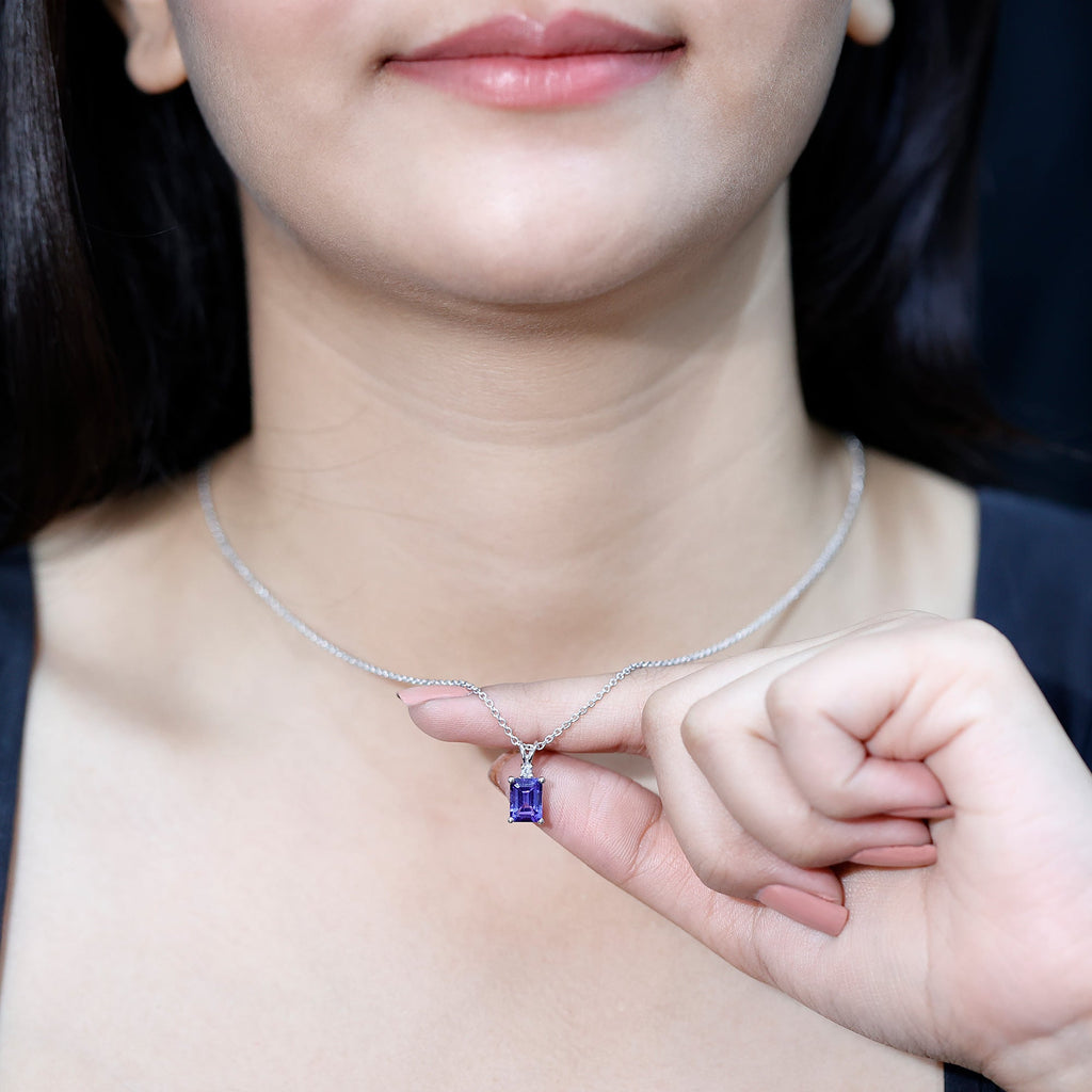 Tanzanite Necklace – 2 Carat Emerald Cut Solitaire Pendant with Silver Chain