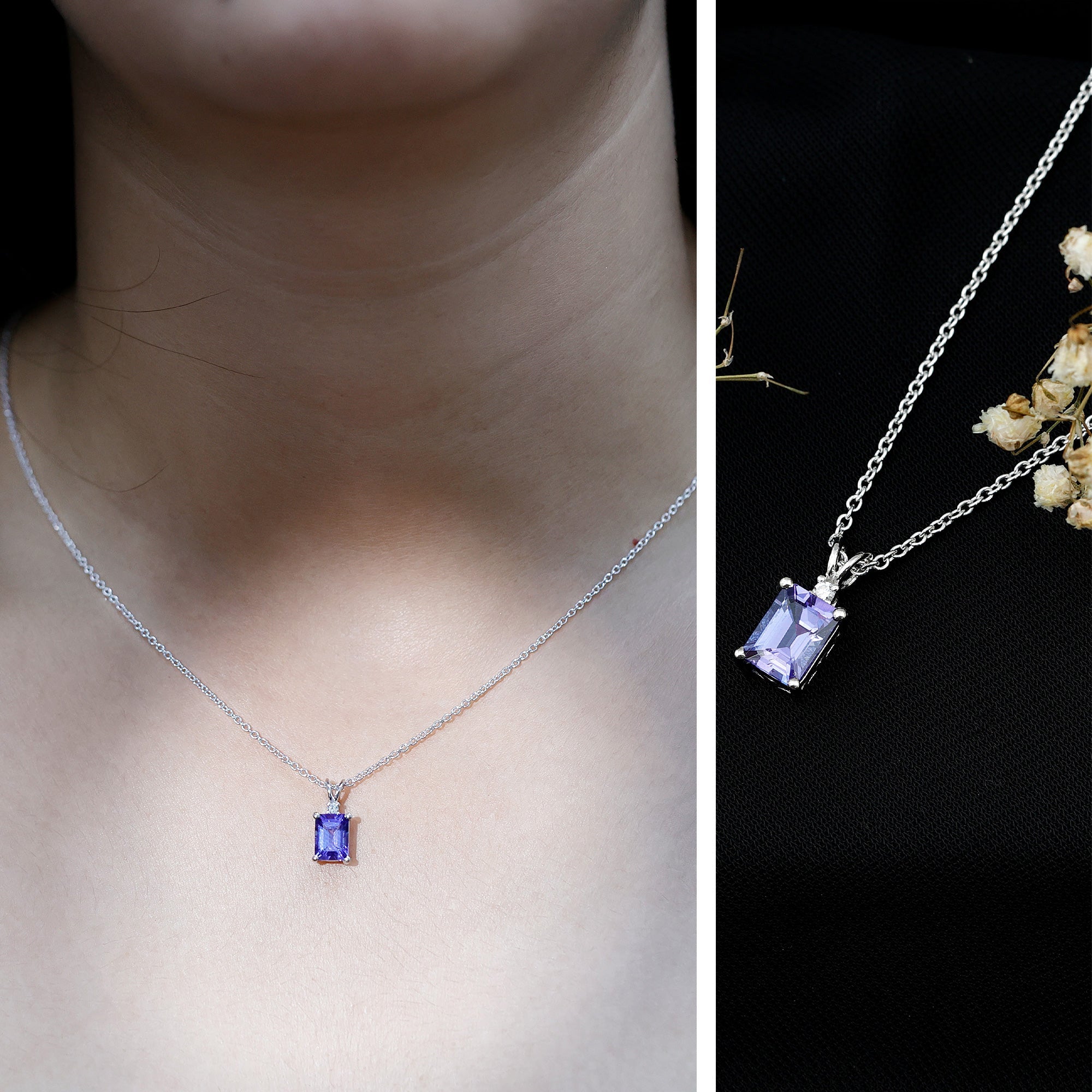 Tanzanite Necklace – 2 Carat Emerald Cut Solitaire Pendant with Silver Chain