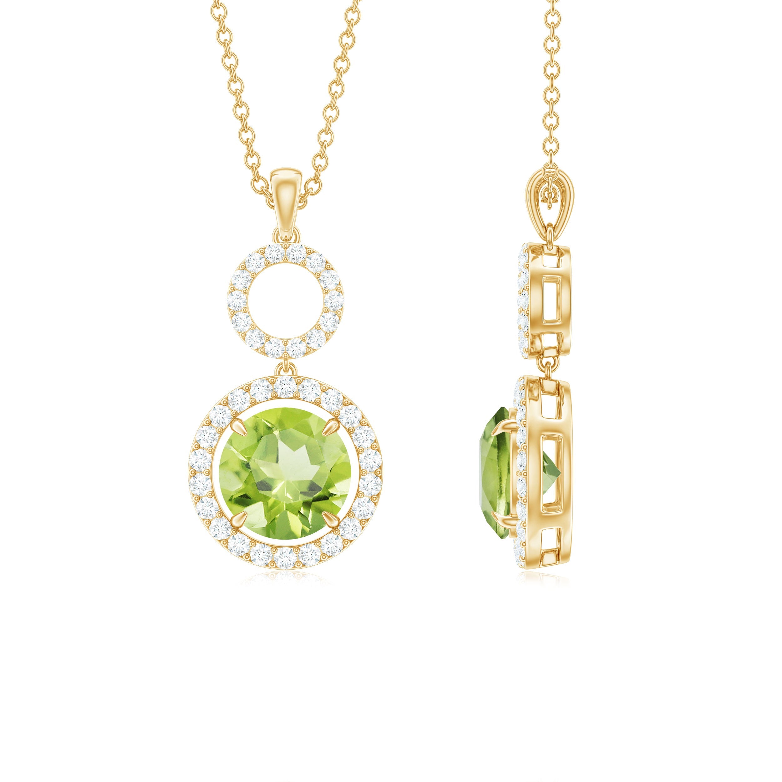 Peridot Dangle Pendant – Round Cut Peridot With Diamond Accent Necklace – AAA Quality
