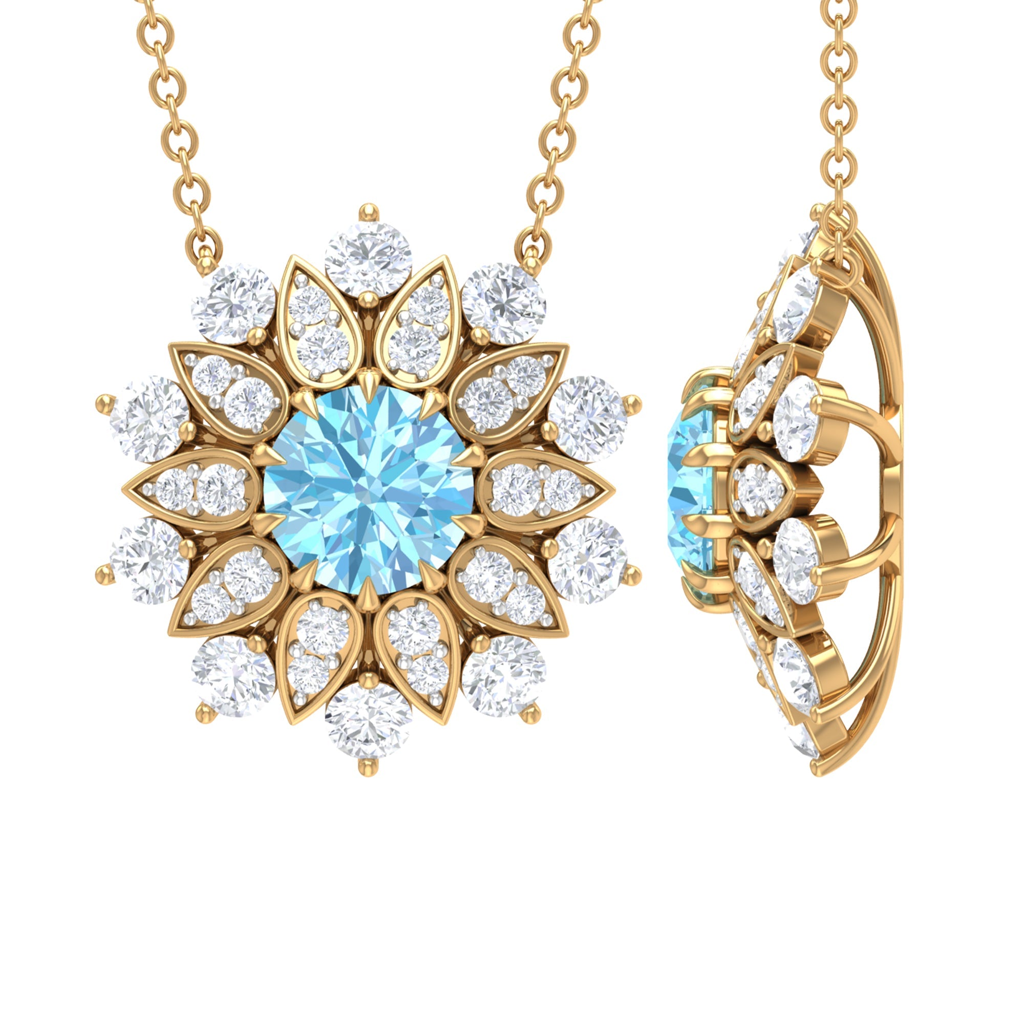 Aquamarine Statement Necklace – Floral Pendant with AAA Grade Blue Gemstone