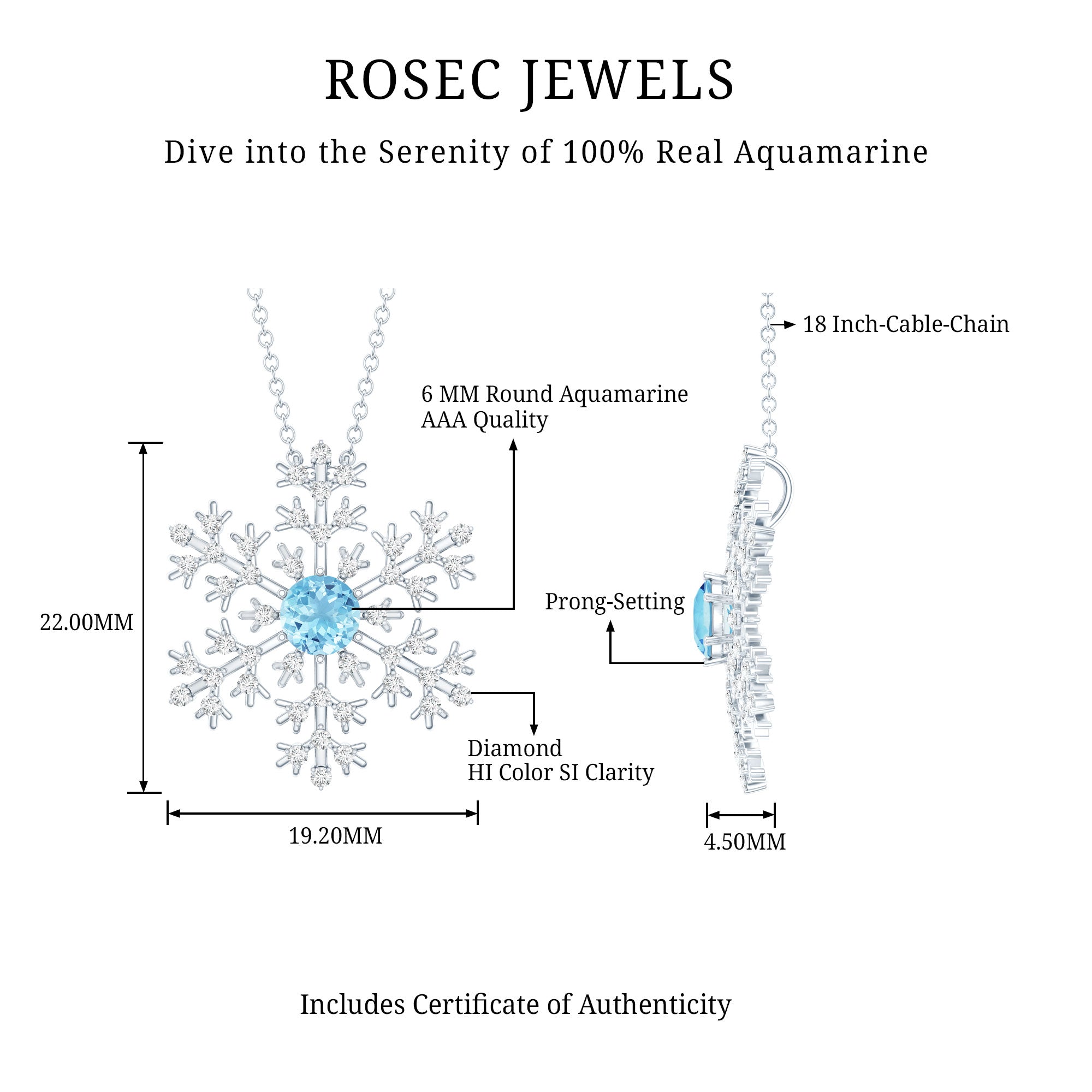 Aquamarine Pendant Necklace – Delicate Snowflake Pendant With Sparkling Diamonds